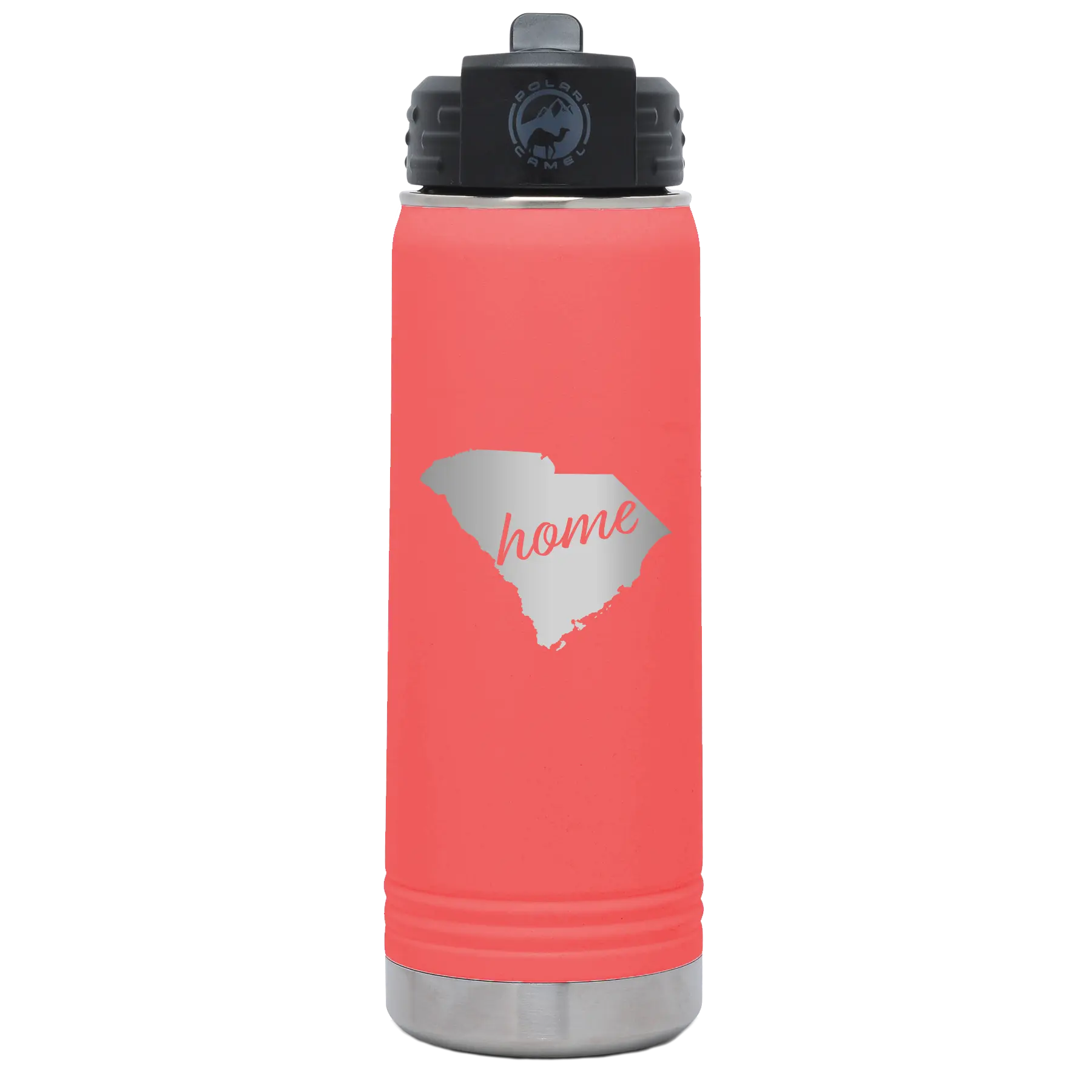 Laser etched coral 20 oz vacuum insulated water bottle with 'South Carolina Home' design