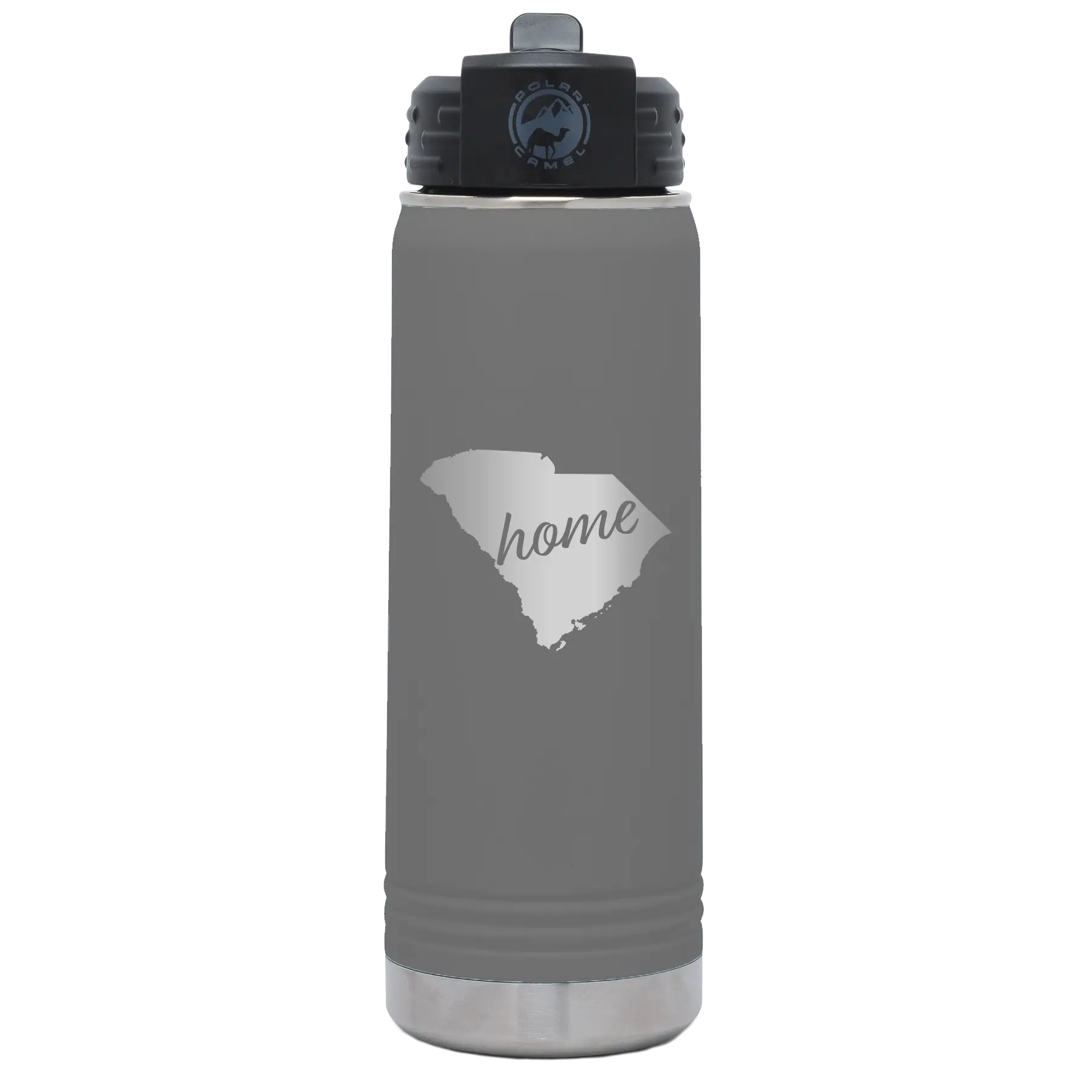 Laser etched dark gray 20 oz vacuum insulated water bottle with 'South Carolina Home' design
