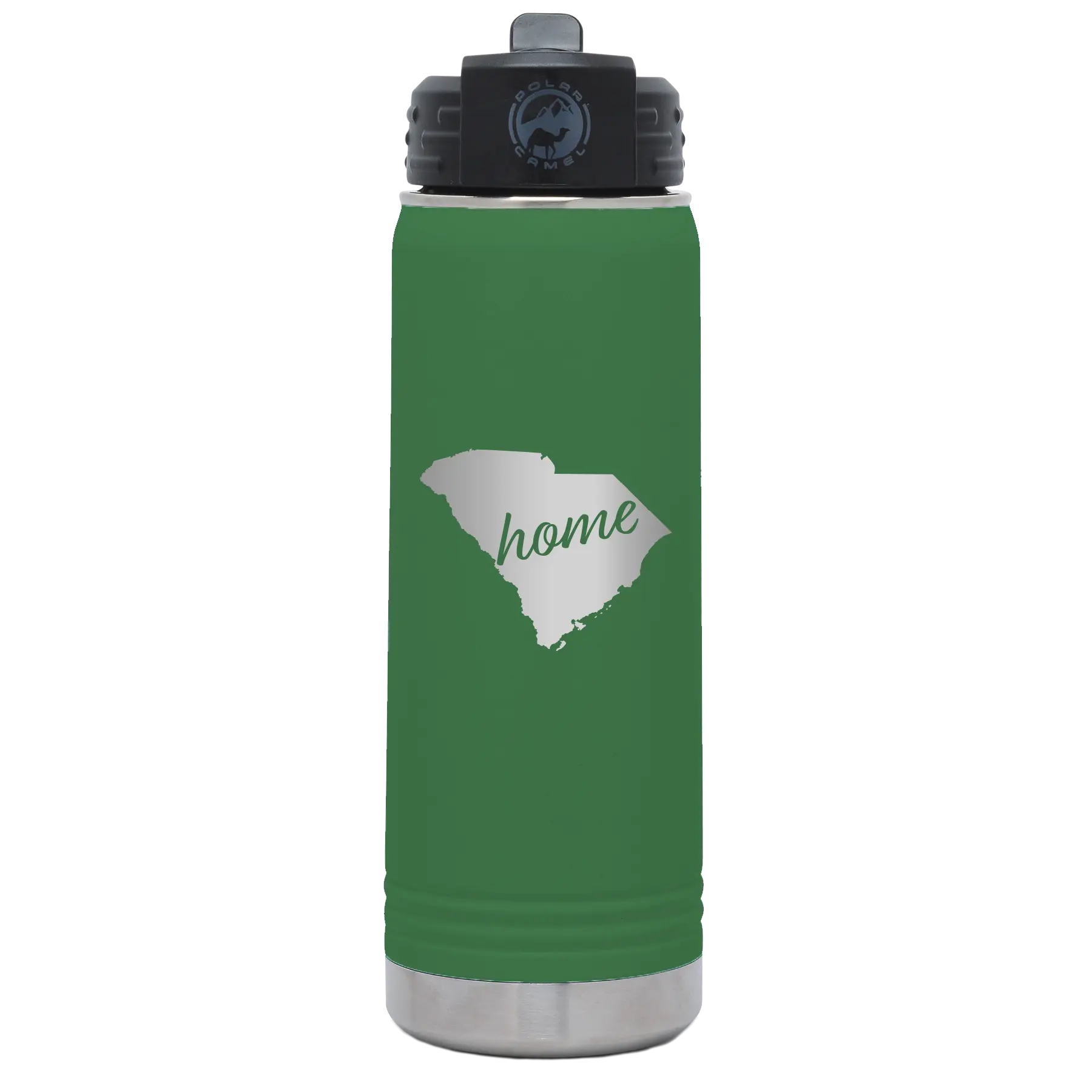 Laser etched green 20 oz vacuum insulated water bottle with 'South Carolina Home' design