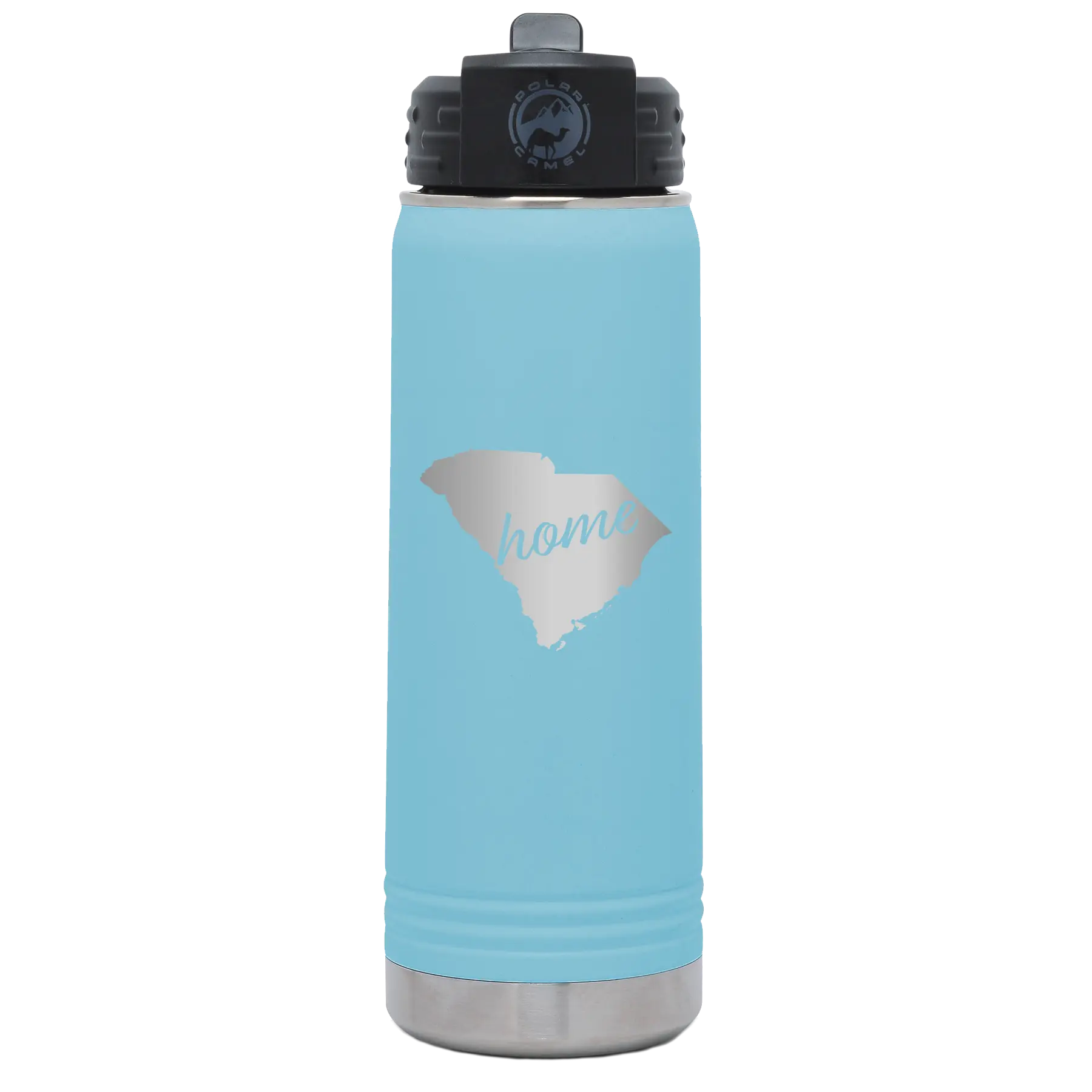 Laser etched light blue 20 oz vacuum insulated water bottle with 'South Carolina Home' design