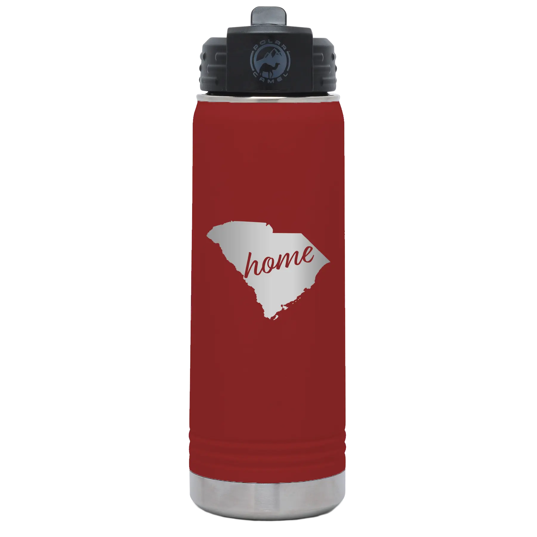 Laser etched maroon 20 oz vacuum insulated water bottle with 'South Carolina Home' design