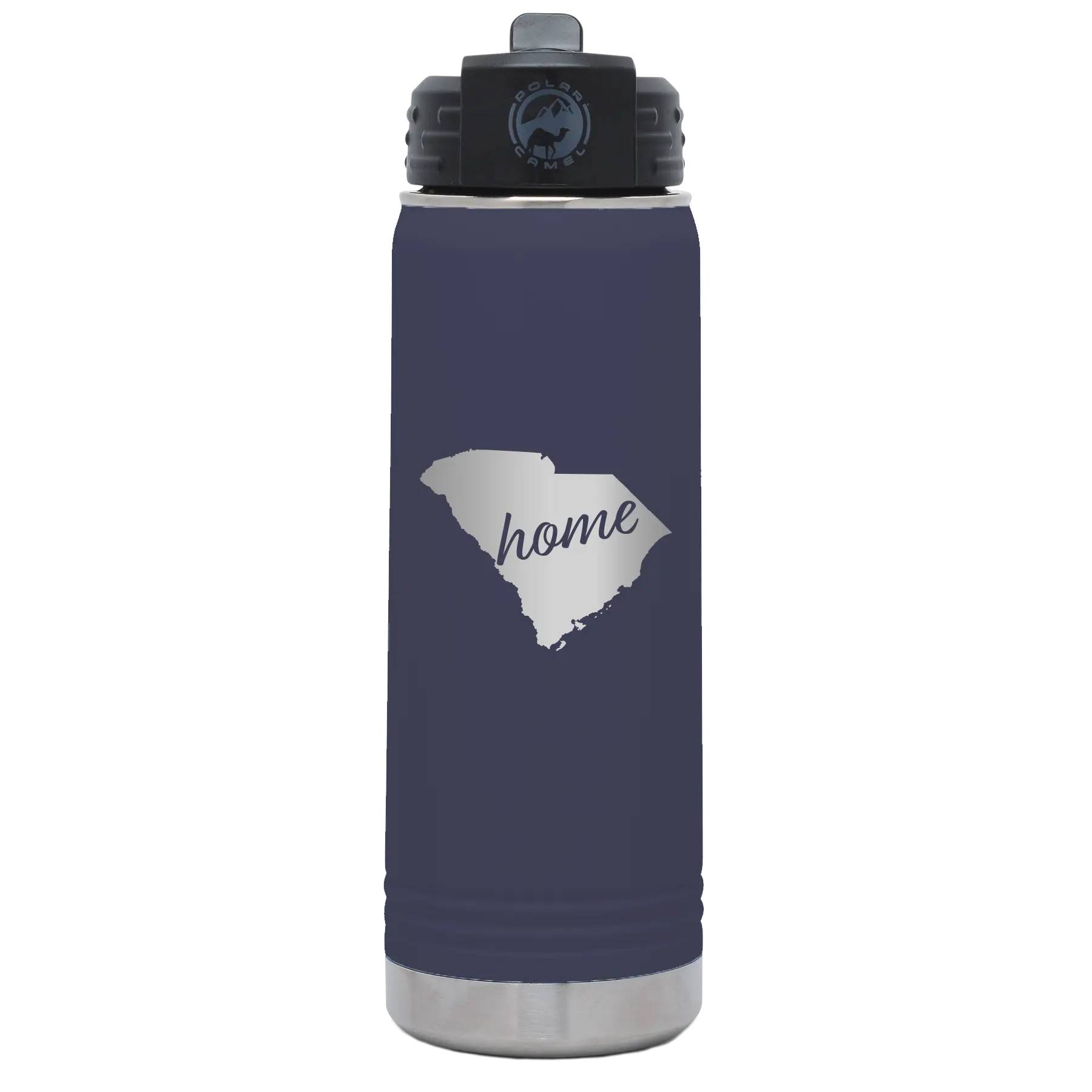 Laser etched navy 20 oz vacuum insulated water bottle with 'South Carolina Home' design