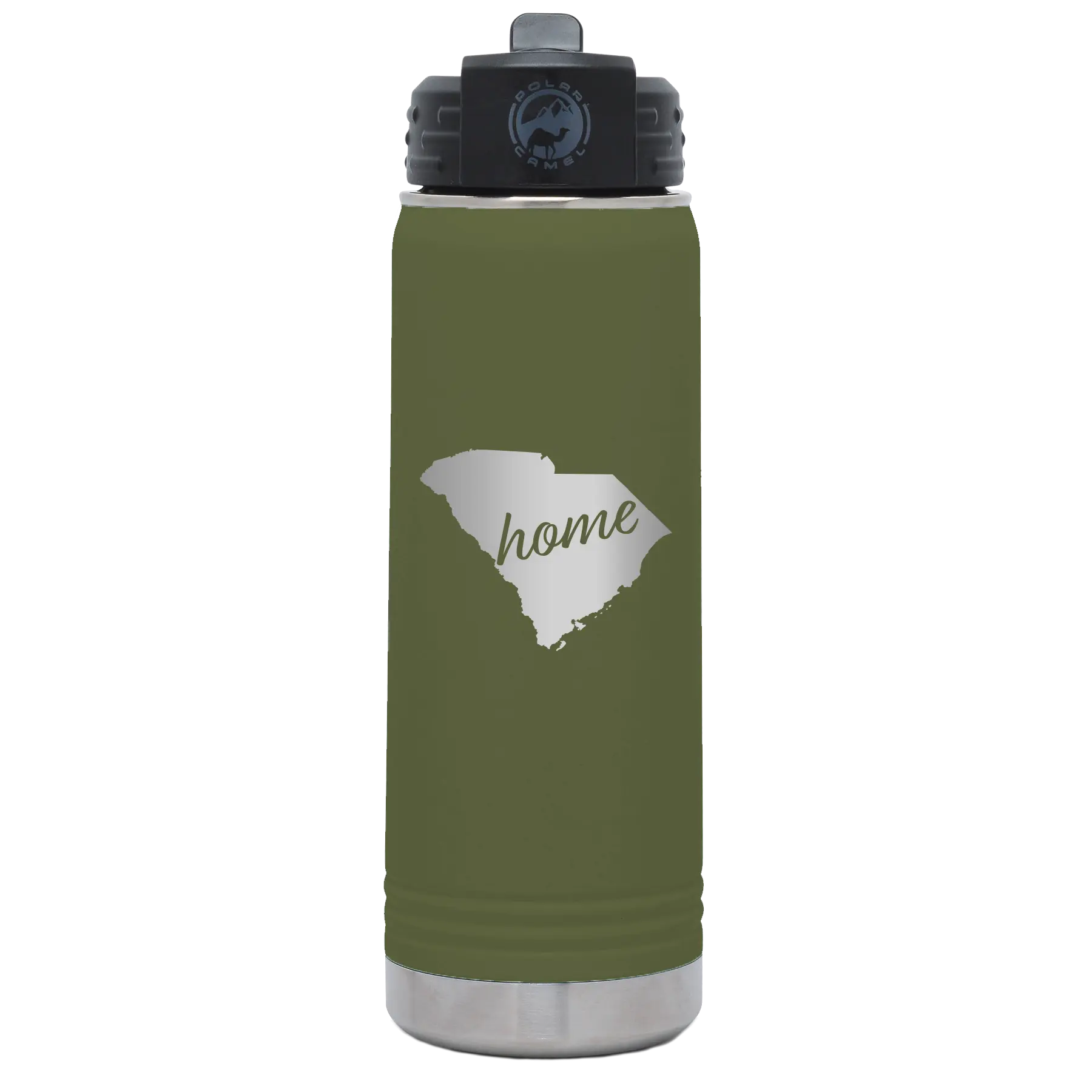 Laser etched olive green 20 oz vacuum insulated water bottle with 'South Carolina Home' design