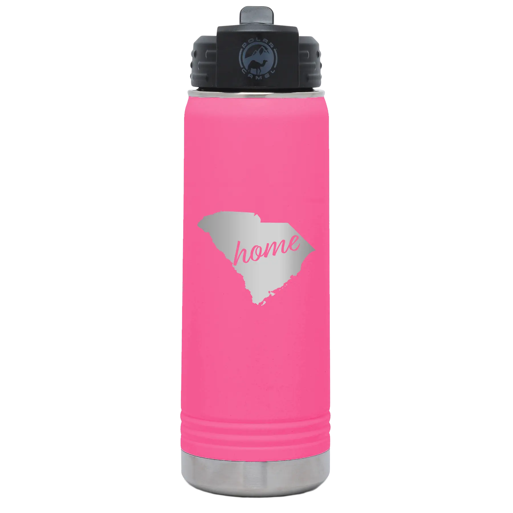 Laser etched pink 20 oz vacuum insulated water bottle with 'South Carolina Home' design