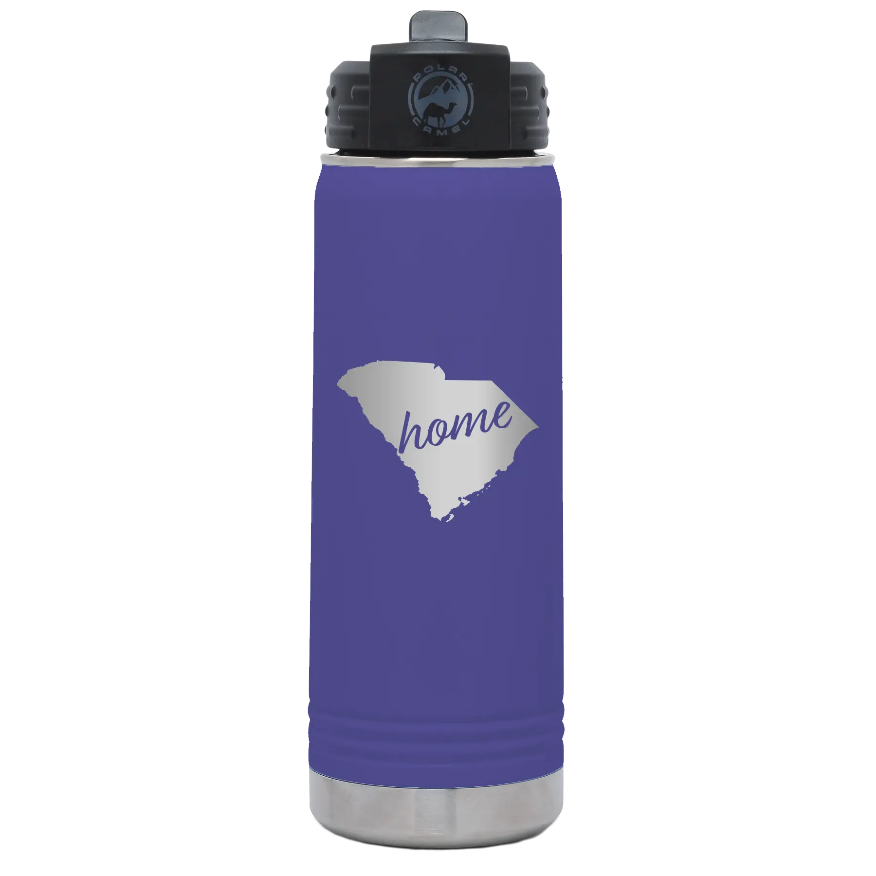 Laser etched purple 20 oz vacuum insulated water bottle with 'South Carolina Home' design