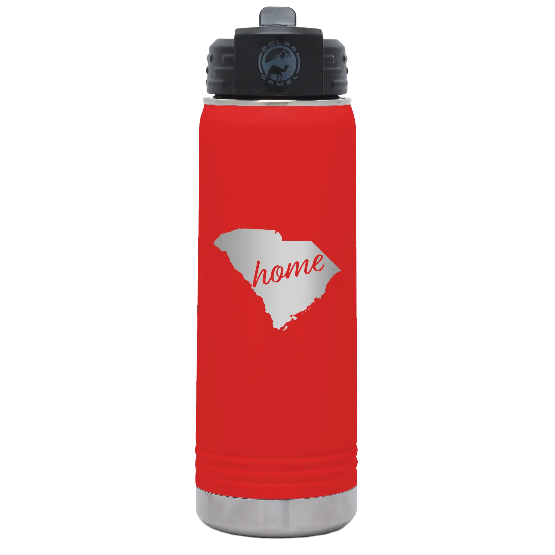 Laser etched red 20 oz vacuum insulated water bottle with 'South Carolina Home' design