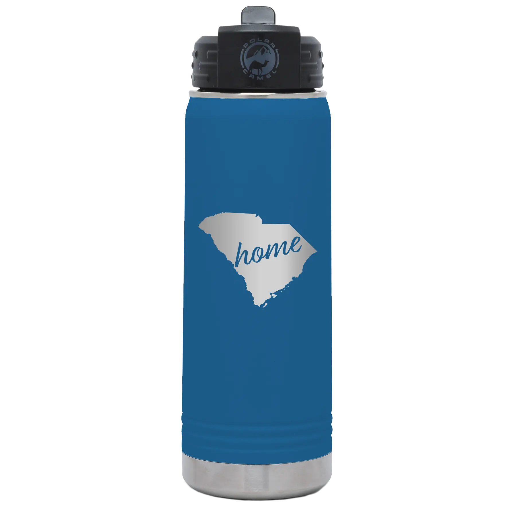 Laser etched royal blue 20 oz vacuum insulated water bottle with 'South Carolina Home' design