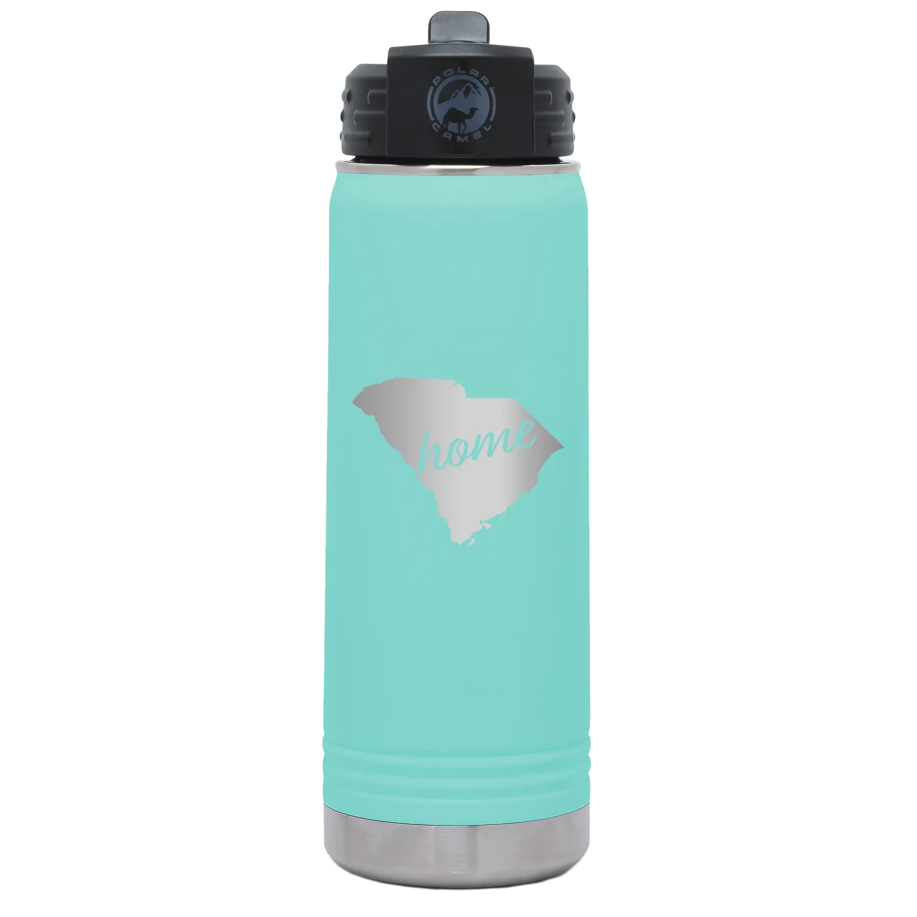 Laser etched teal 20 oz vacuum insulated water bottle with 'South Carolina Home' design