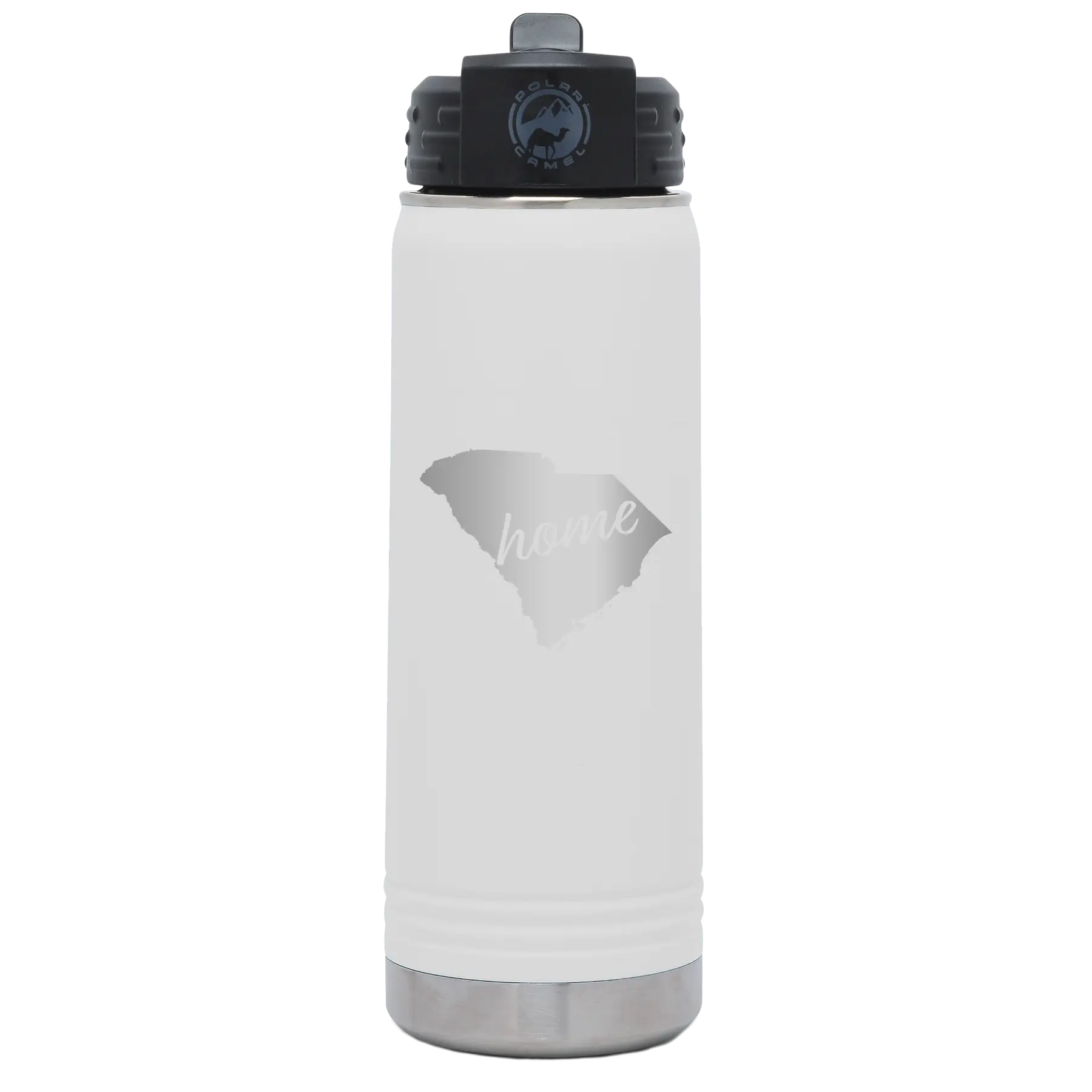 Laser etched white 20 oz vacuum insulated water bottle with 'South Carolina Home' design