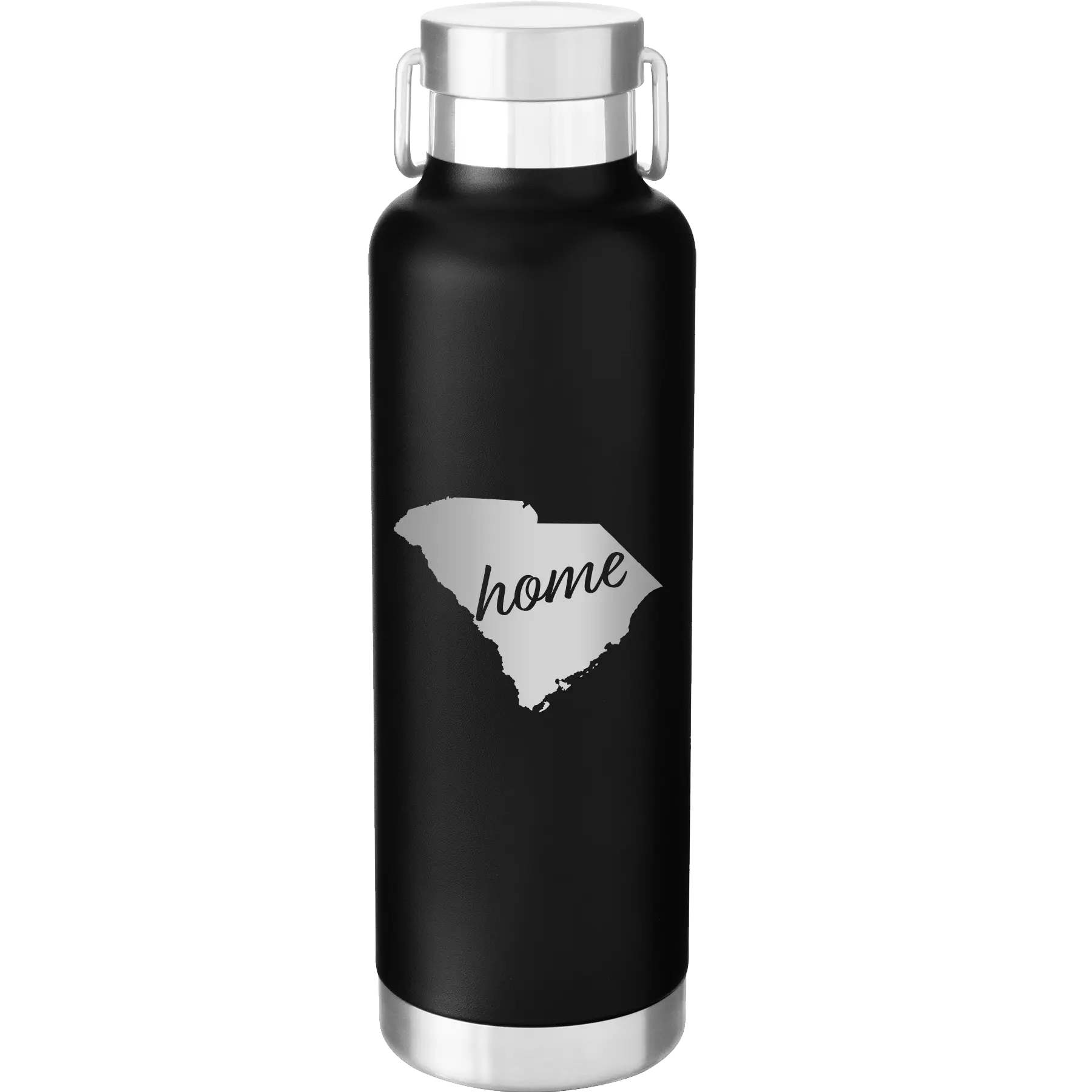 Laser etched black 24 oz vacuum insulated water bottle with 'South Carolina Home' design