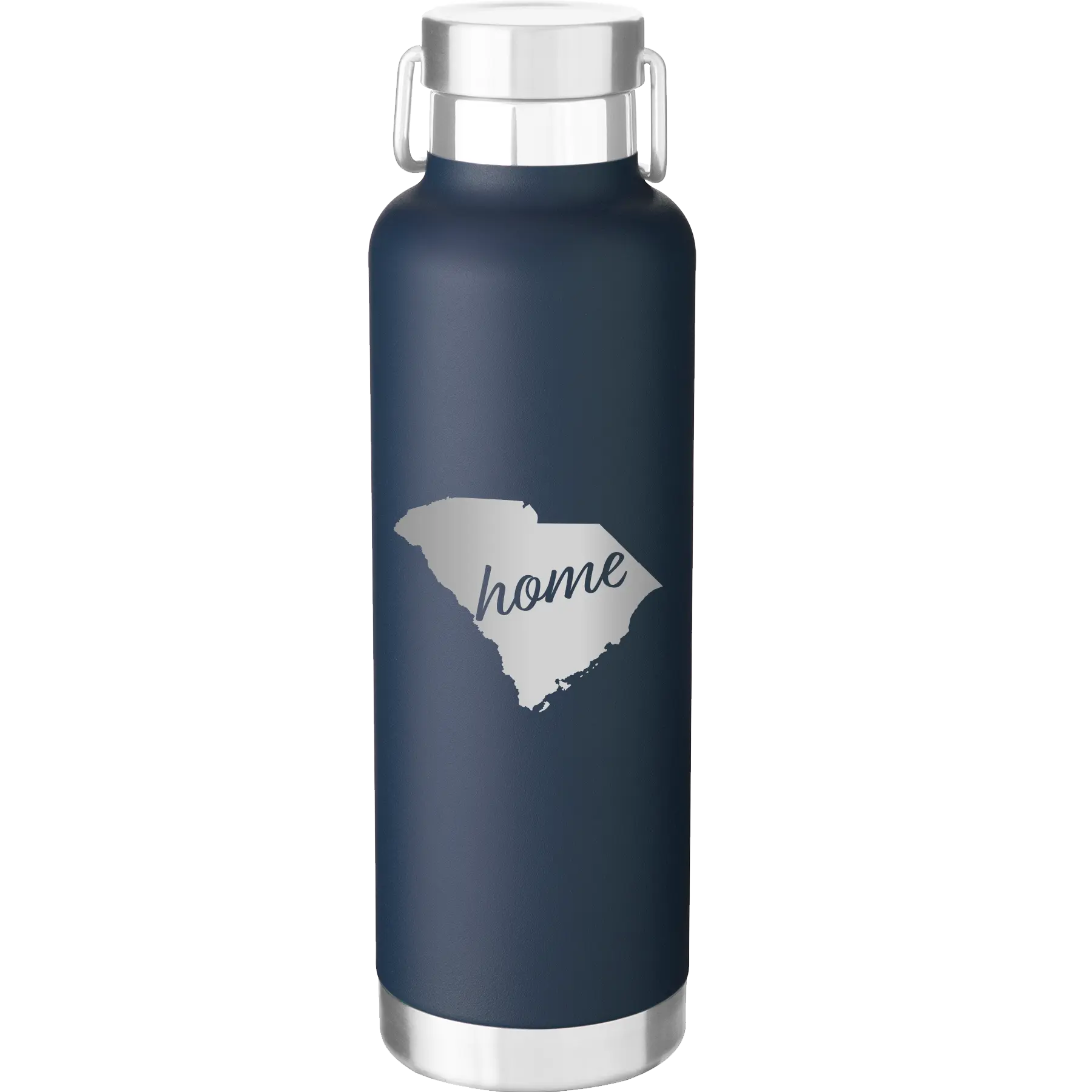 Laser etched navy 24 oz vacuum insulated water bottle with 'South Carolina Home' design