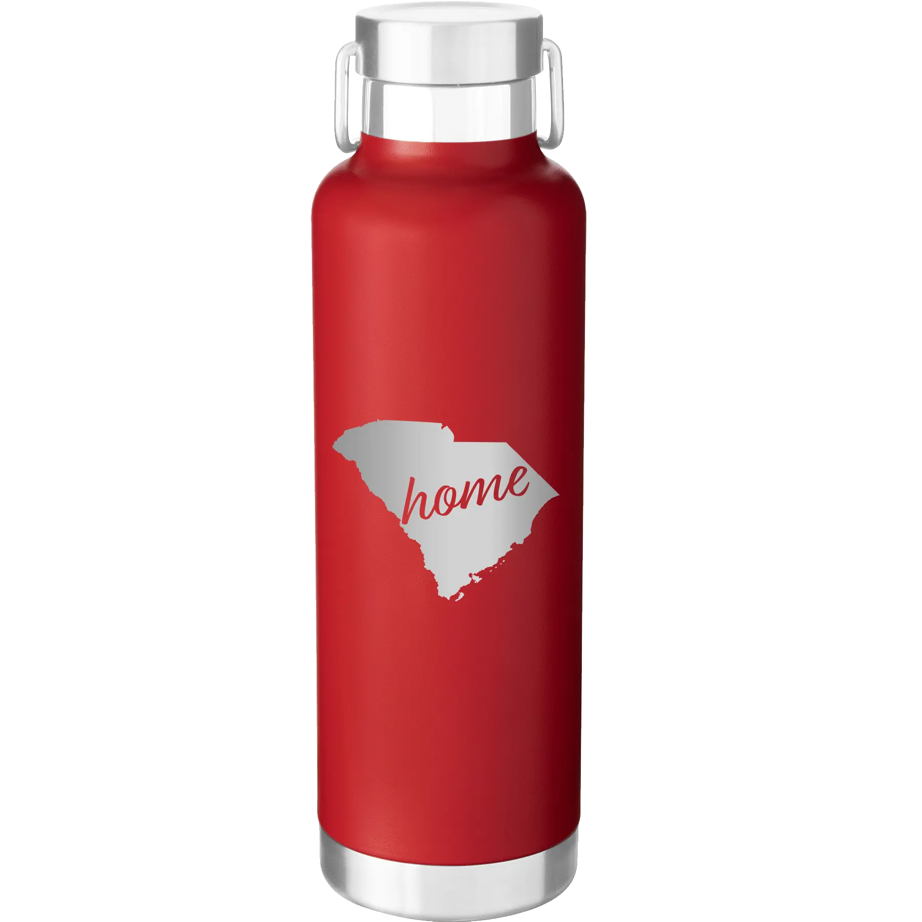 Laser etched red 24 oz vacuum insulated water bottle with 'South Carolina Home' design
