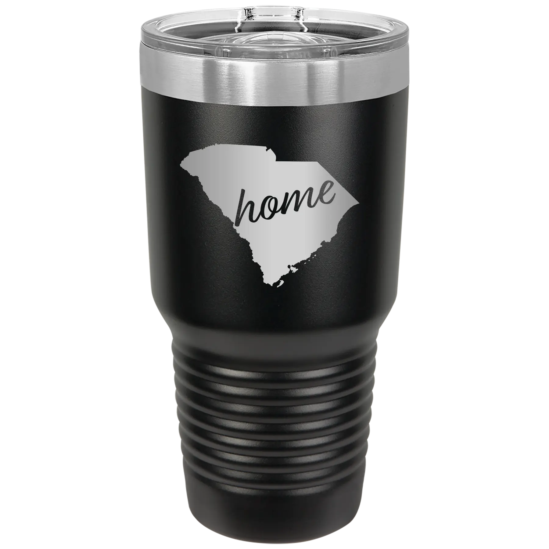 Laser etched black 30 oz vacuum insulated tumbler with 'South Carolina Home' design
