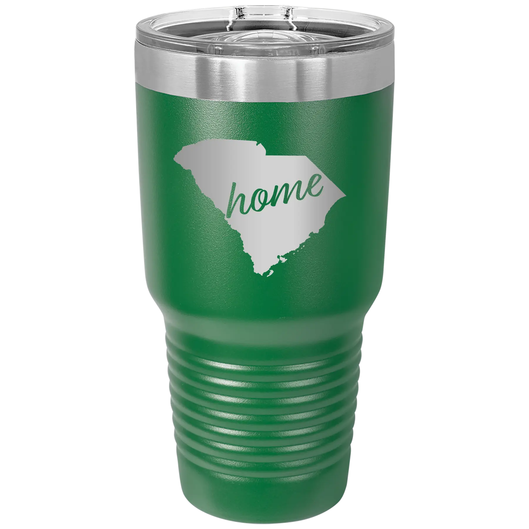 Laser etched green 30 oz vacuum insulated tumbler with 'South Carolina Home' design