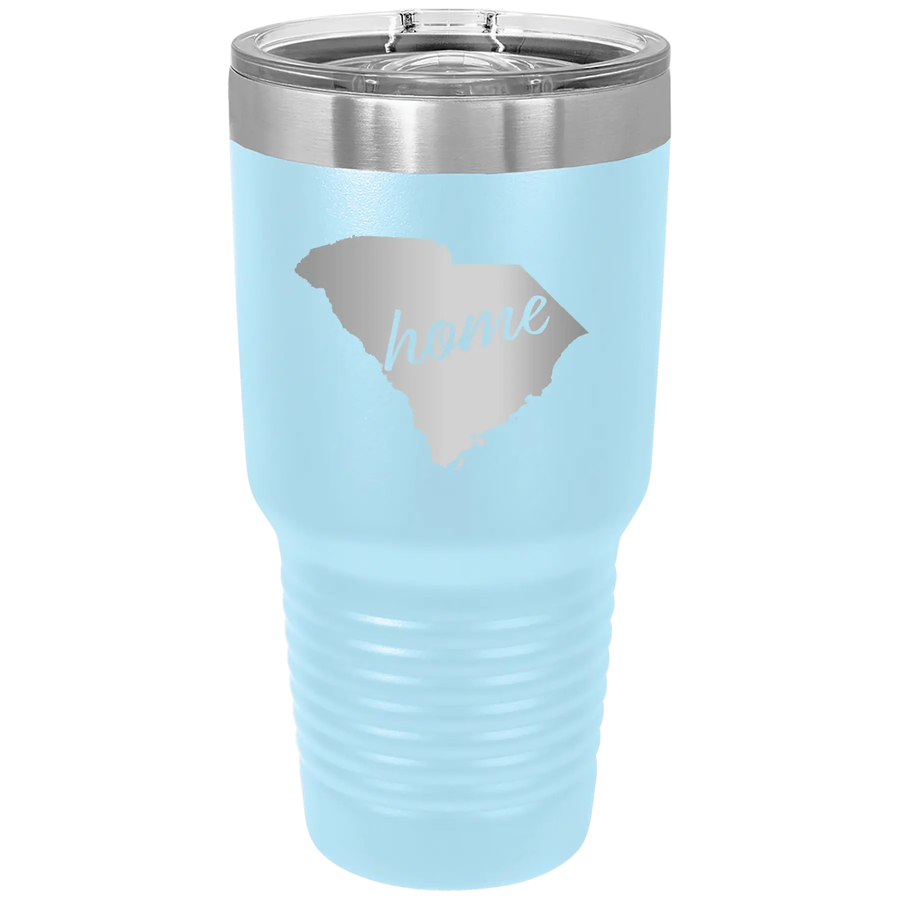 Laser etched light blue 30 oz vacuum insulated tumbler with 'South Carolina Home' design