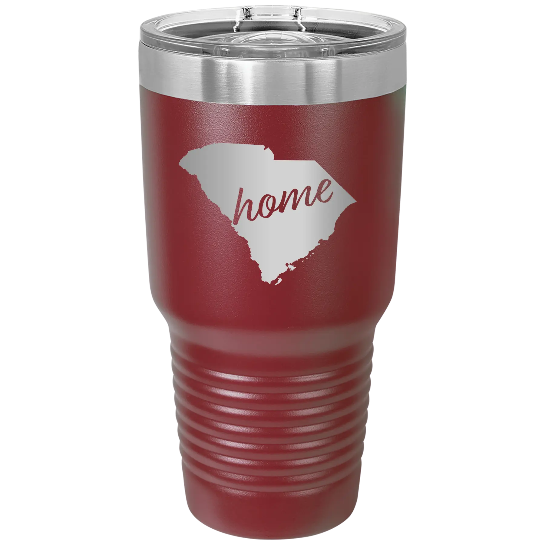 Laser etched maroon 30 oz vacuum insulated tumbler with 'South Carolina Home' design