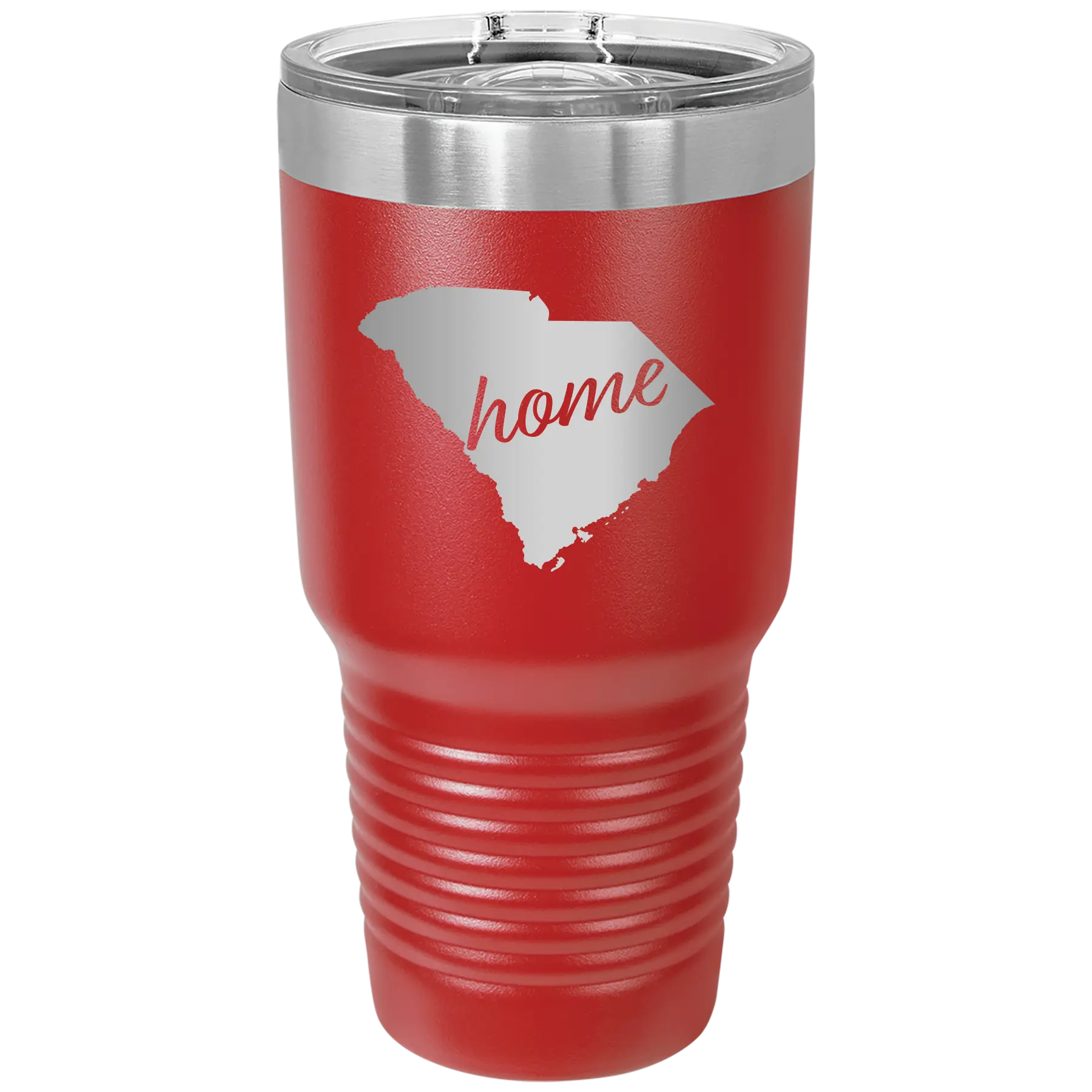 Laser etched red 30 oz vacuum insulated tumbler with 'South Carolina Home' design