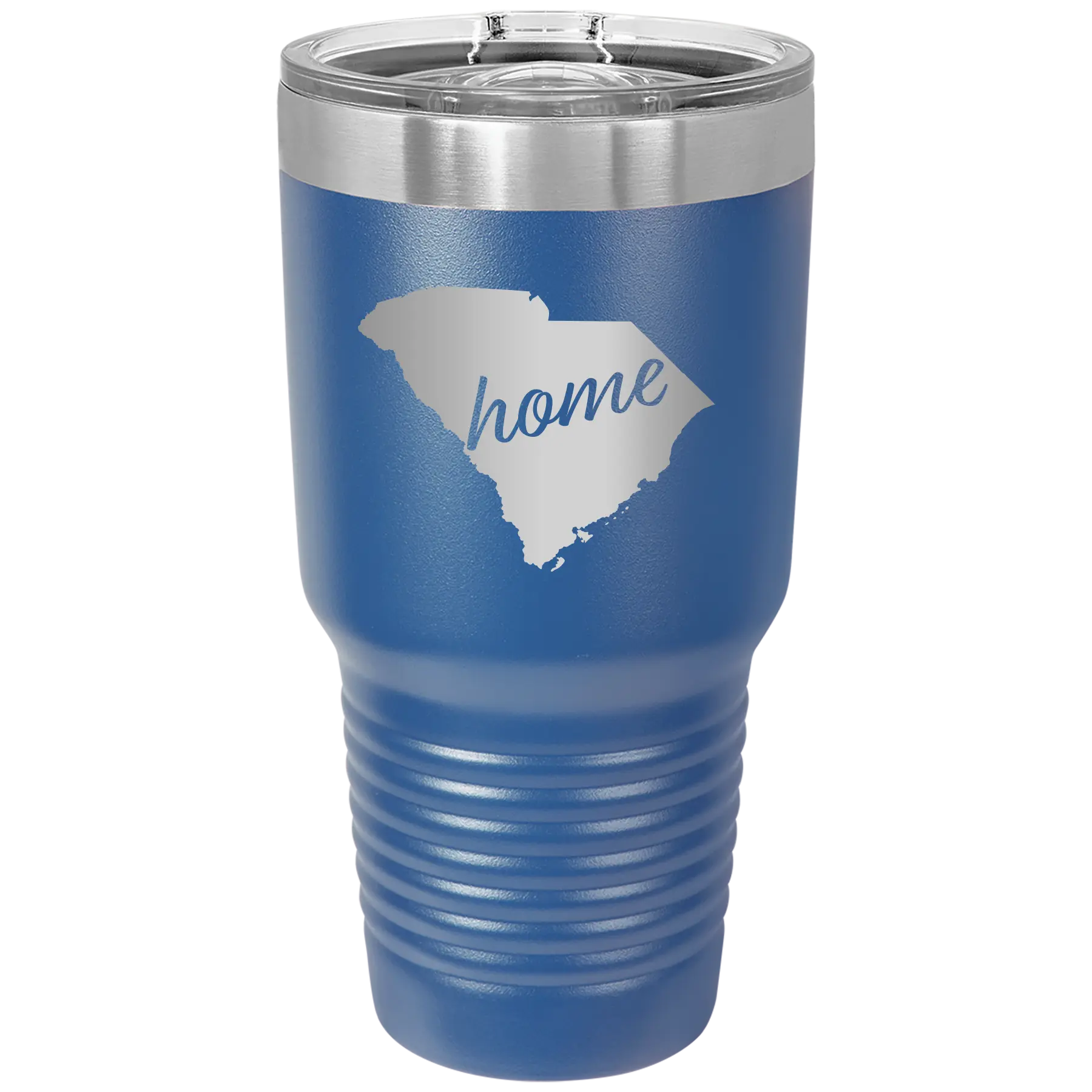 Laser etched royal blue 30 oz vacuum insulated tumbler with 'South Carolina Home' design