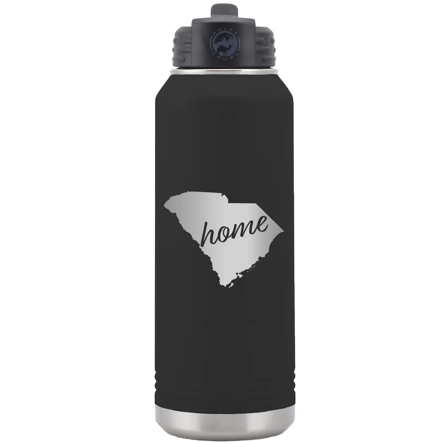 Laser etched black 32 oz vacuum insulated water bottle with 'South Carolina Home' design