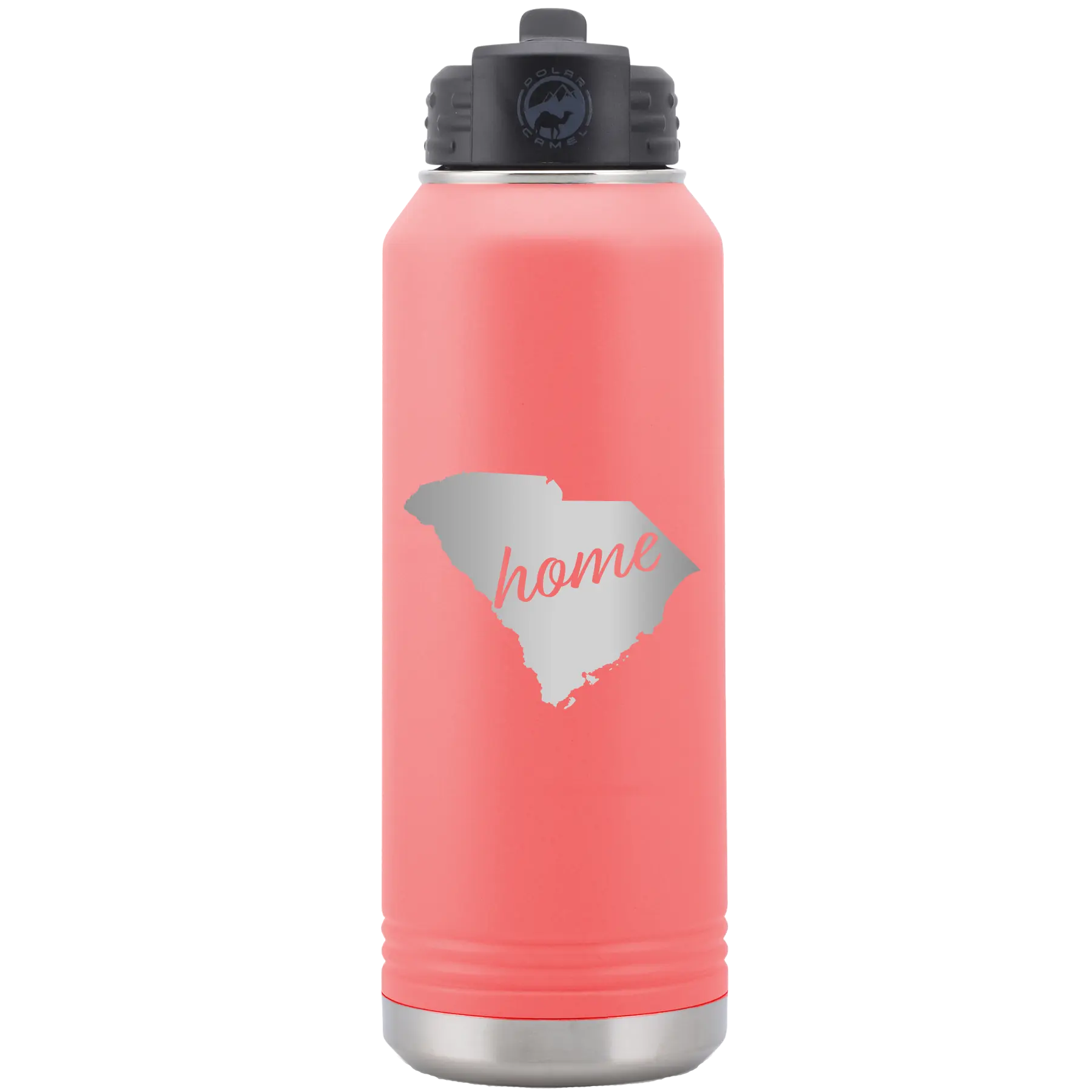 Laser etched coral 32 oz vacuum insulated water bottle with 'South Carolina Home' design