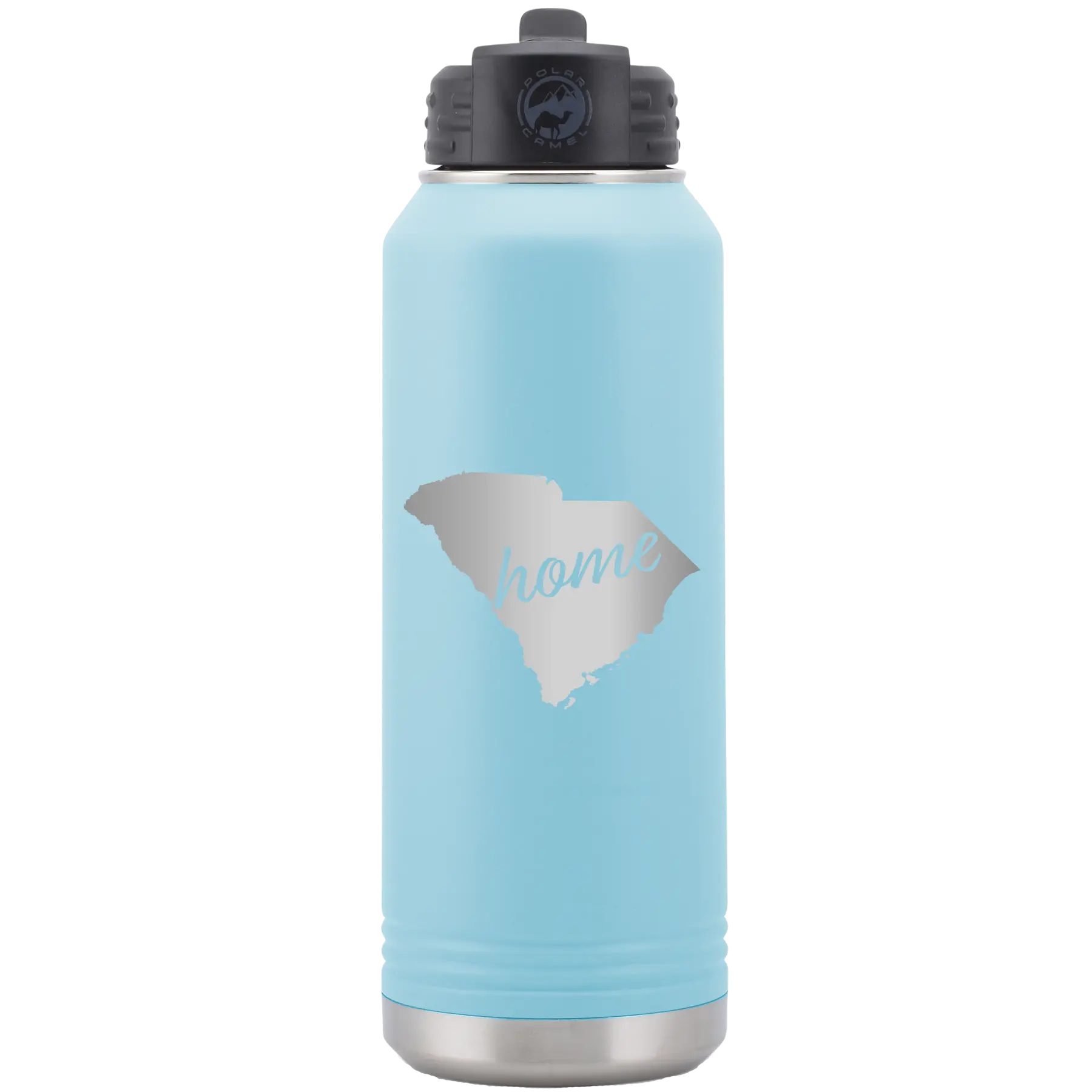 Laser etched light blue 32 oz vacuum insulated water bottle with 'South Carolina Home' design