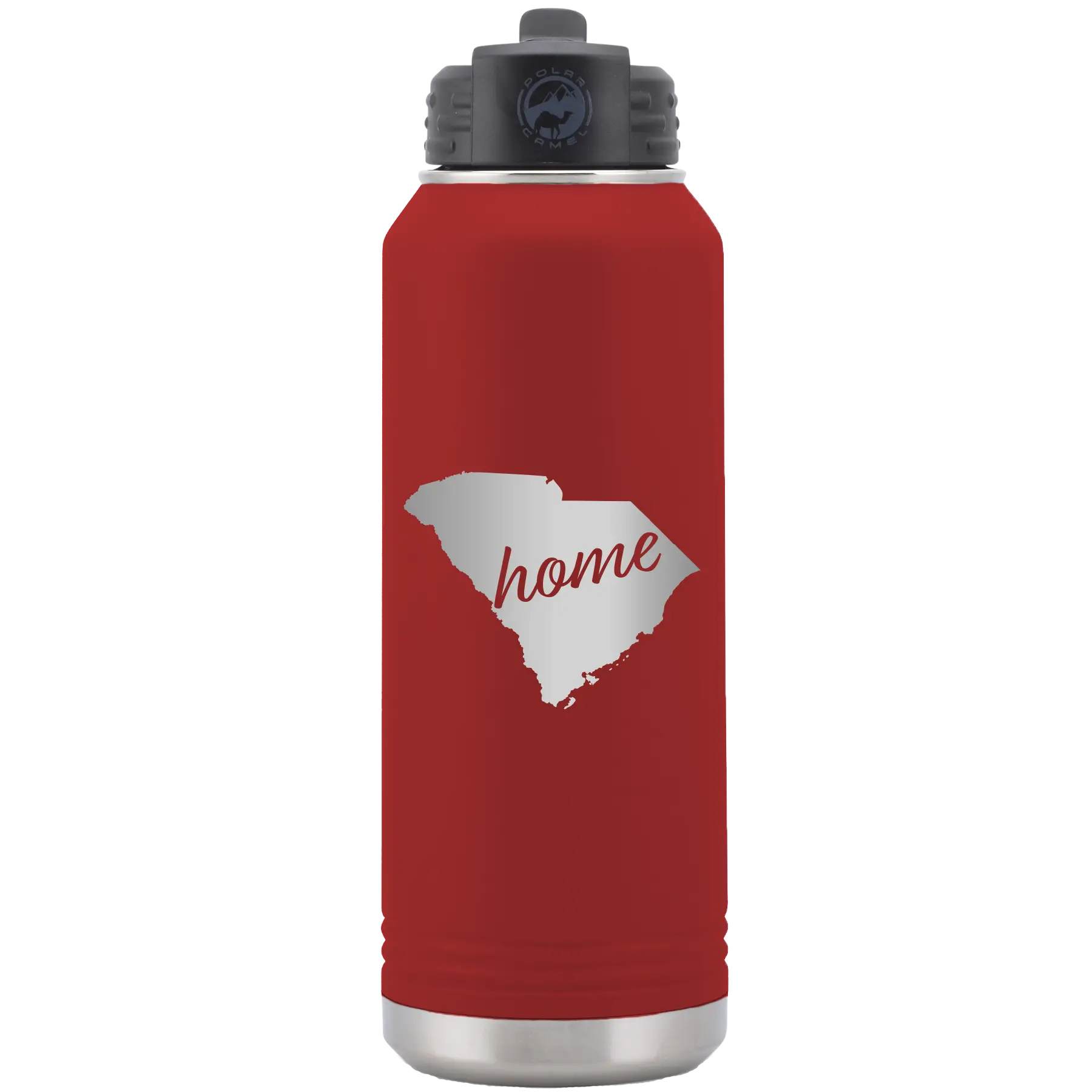 Laser etched maroon 32 oz vacuum insulated water bottle with 'South Carolina Home' design