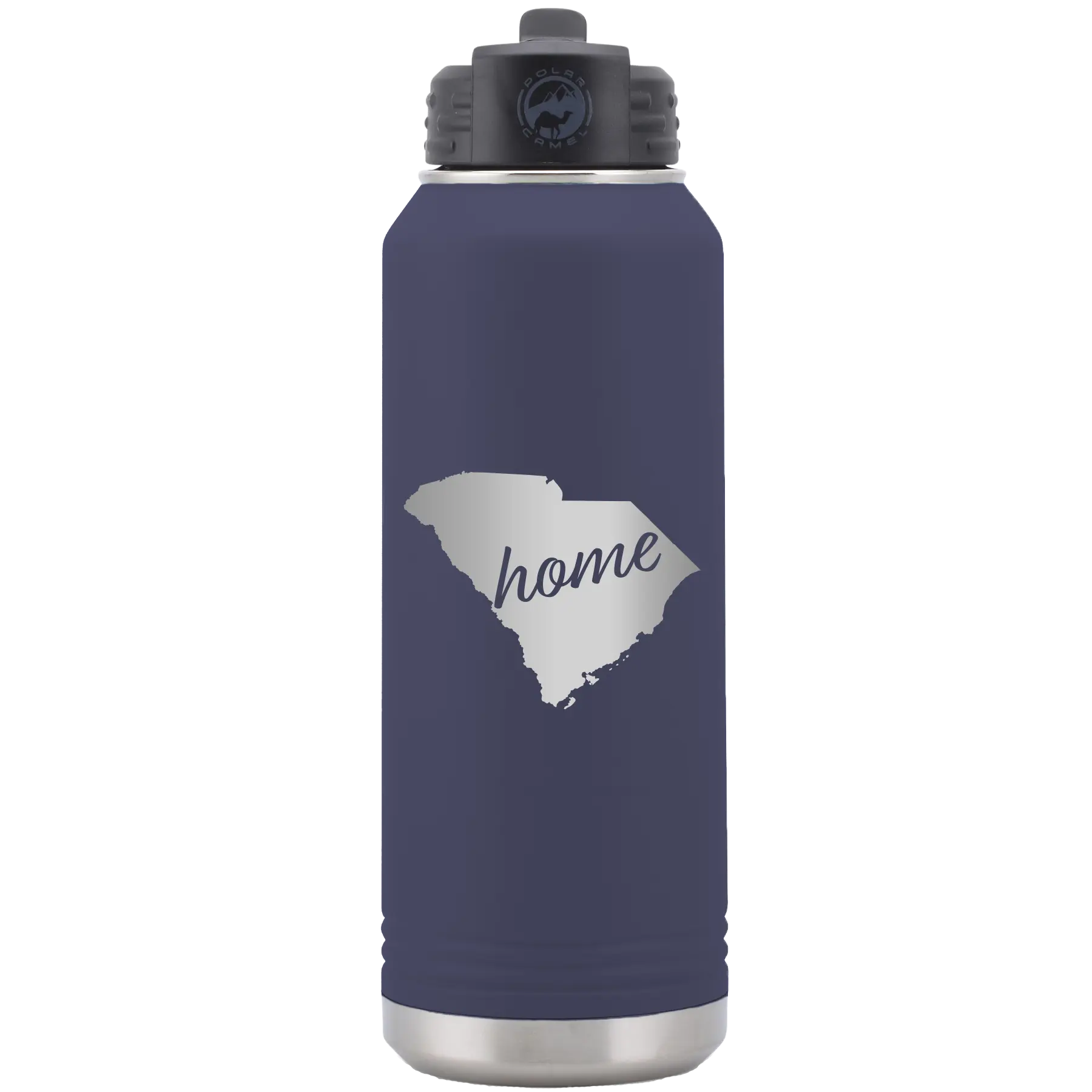 Laser etched navy 32 oz vacuum insulated water bottle with 'South Carolina Home' design