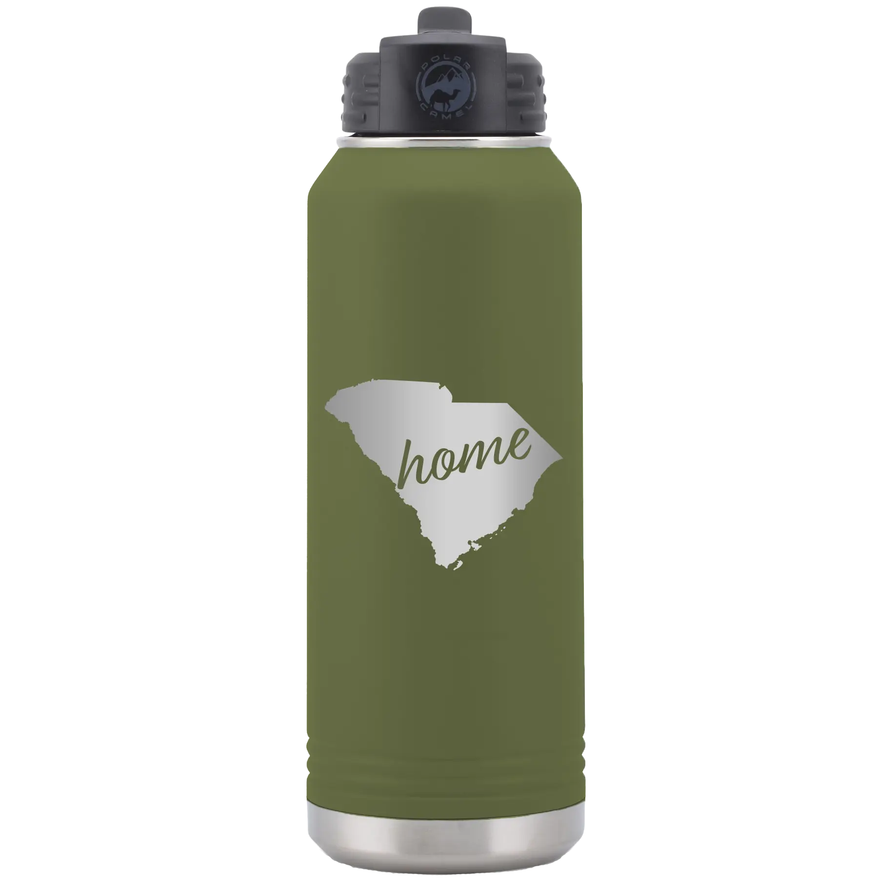 Laser etched olive green 32 oz vacuum insulated water bottle with 'South Carolina Home' design