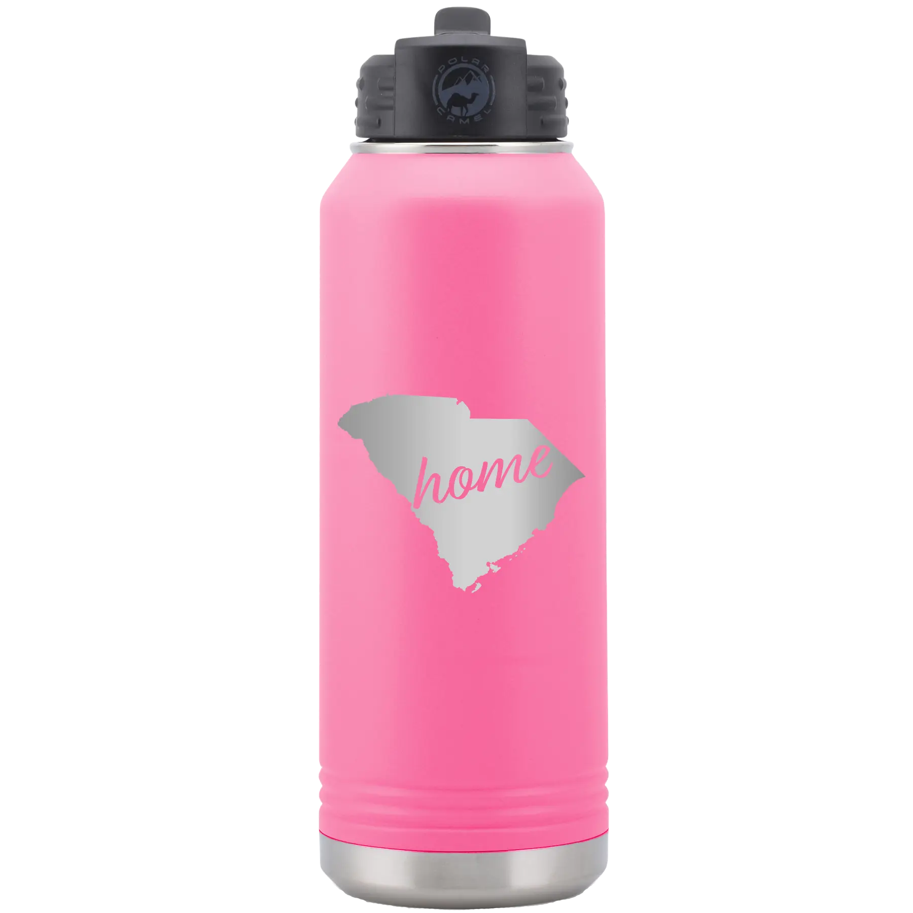 Laser etched pink 32 oz vacuum insulated water bottle with 'South Carolina Home' design