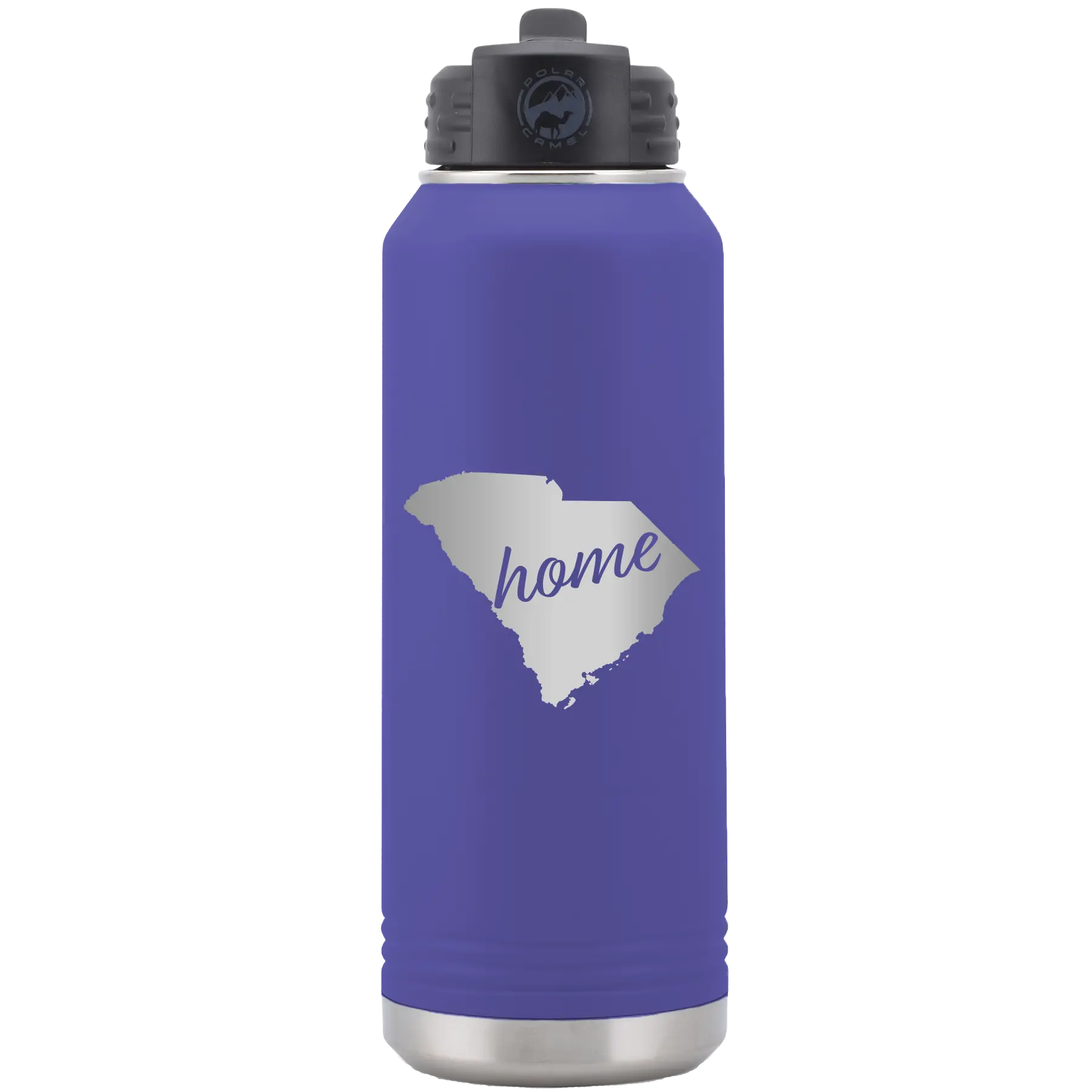 Laser etched purple 32 oz vacuum insulated water bottle with 'South Carolina Home' design