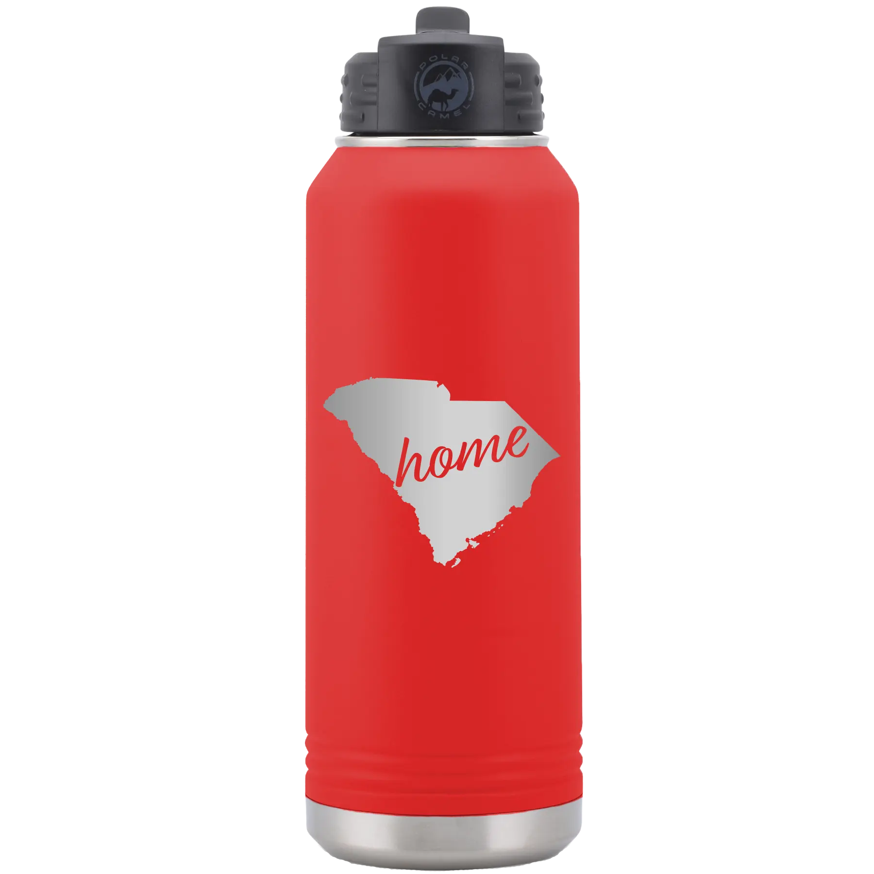 Laser etched red 32 oz vacuum insulated water bottle with 'South Carolina Home' design