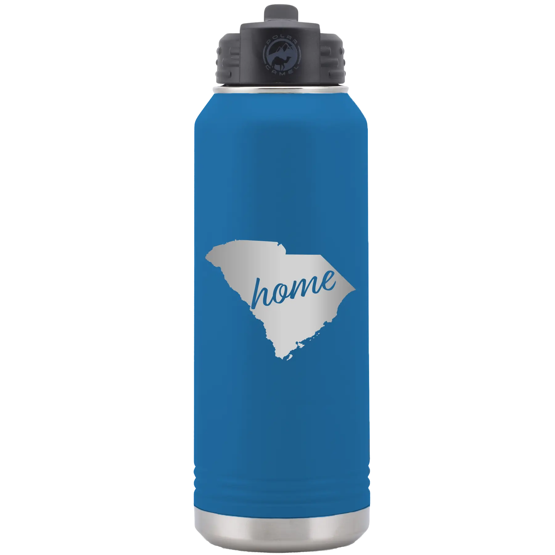 Laser etched royal blue 32 oz vacuum insulated water bottle with 'South Carolina Home' design