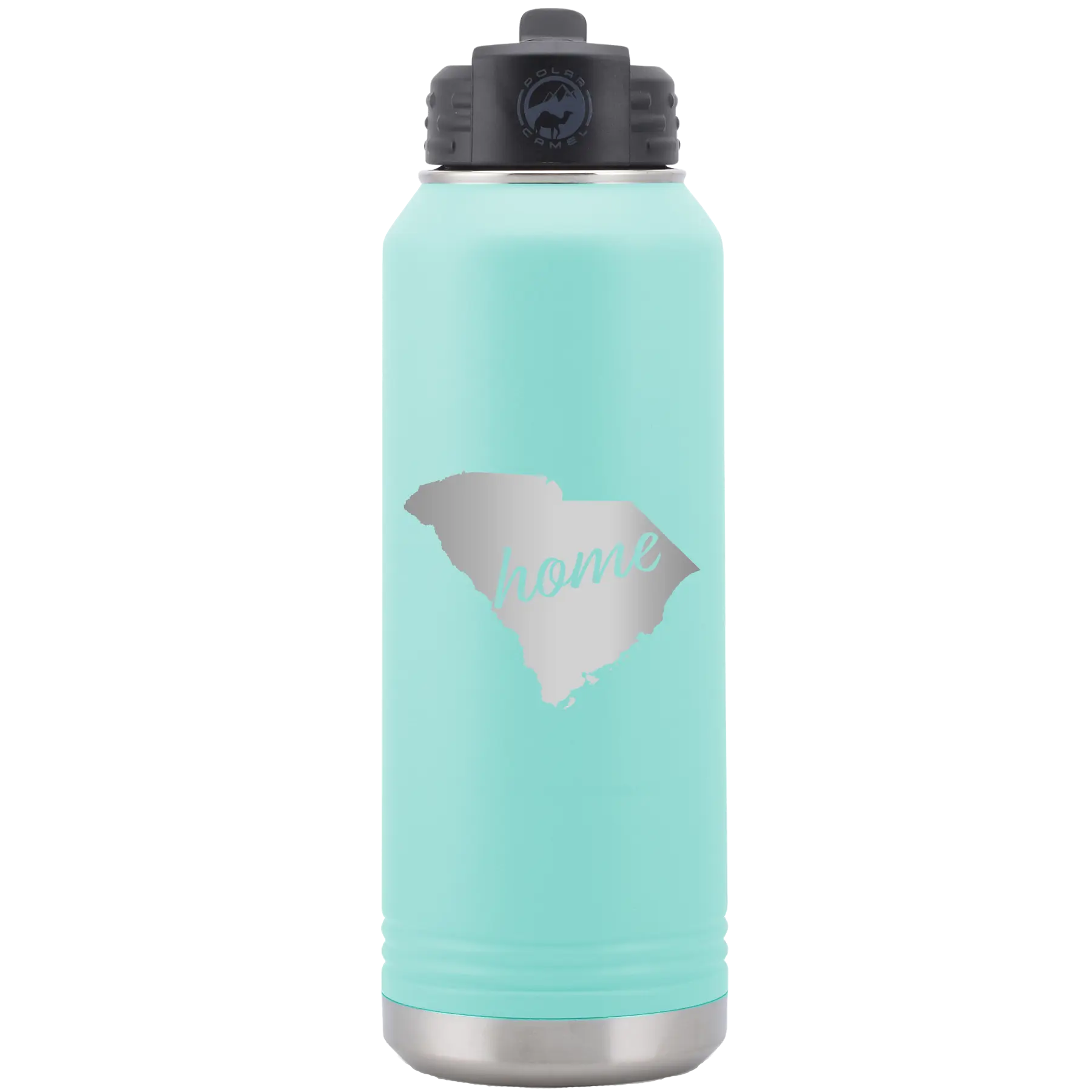 Laser etched teal 32 oz vacuum insulated water bottle with 'South Carolina Home' design