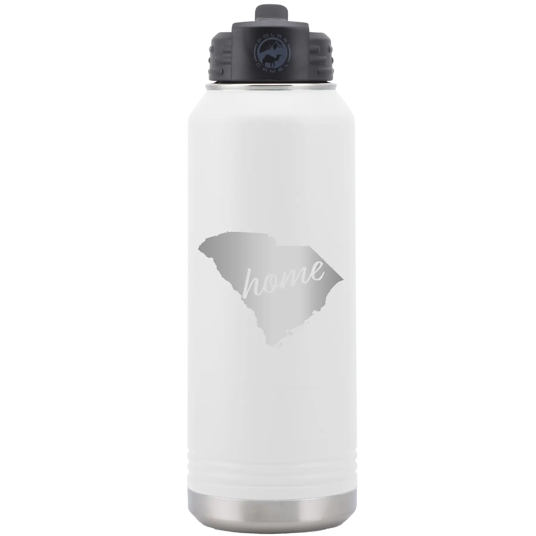 Laser etched white 32 oz vacuum insulated water bottle with 'South Carolina Home' design