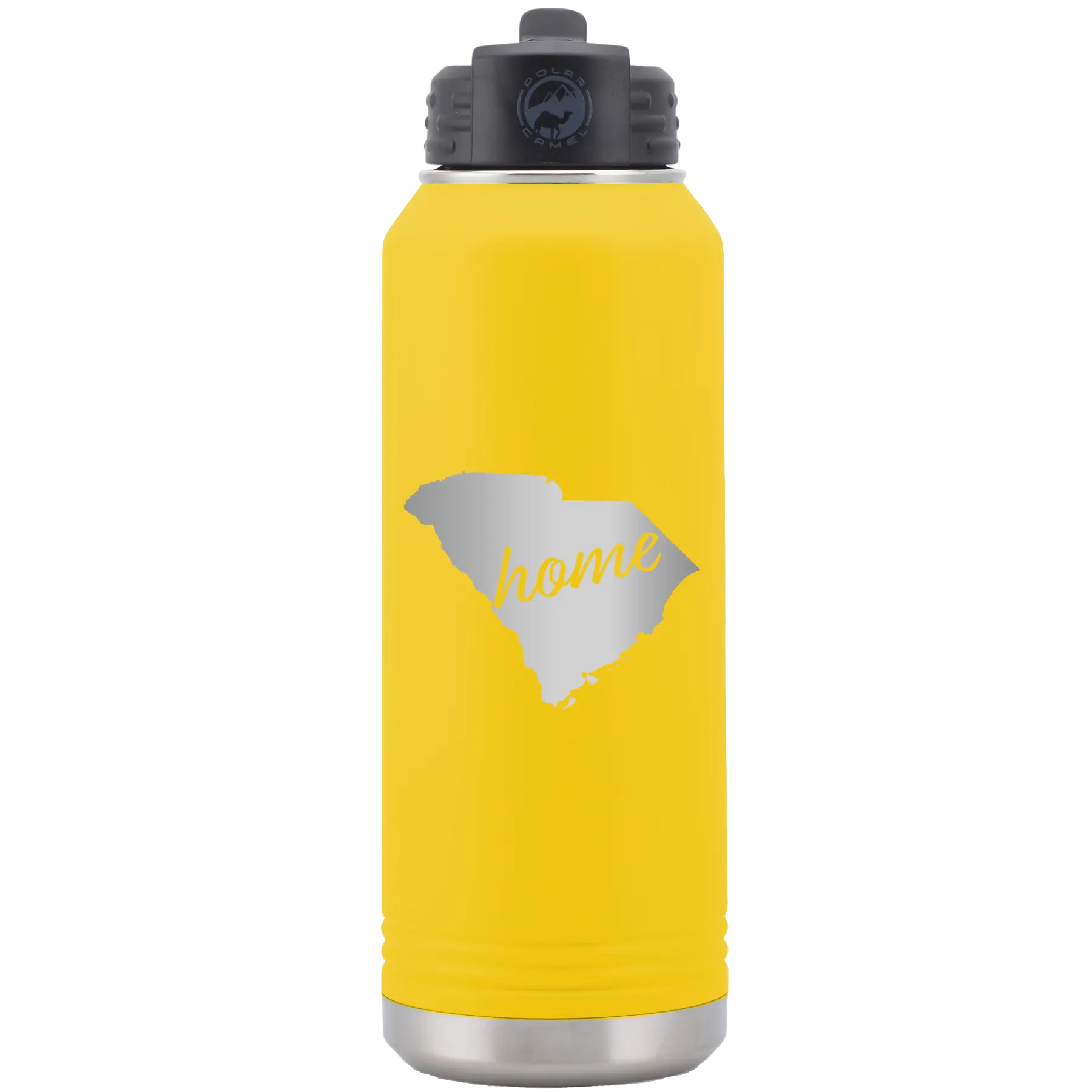 Laser etched yellow 32 oz vacuum insulated water bottle with 'South Carolina Home' design
