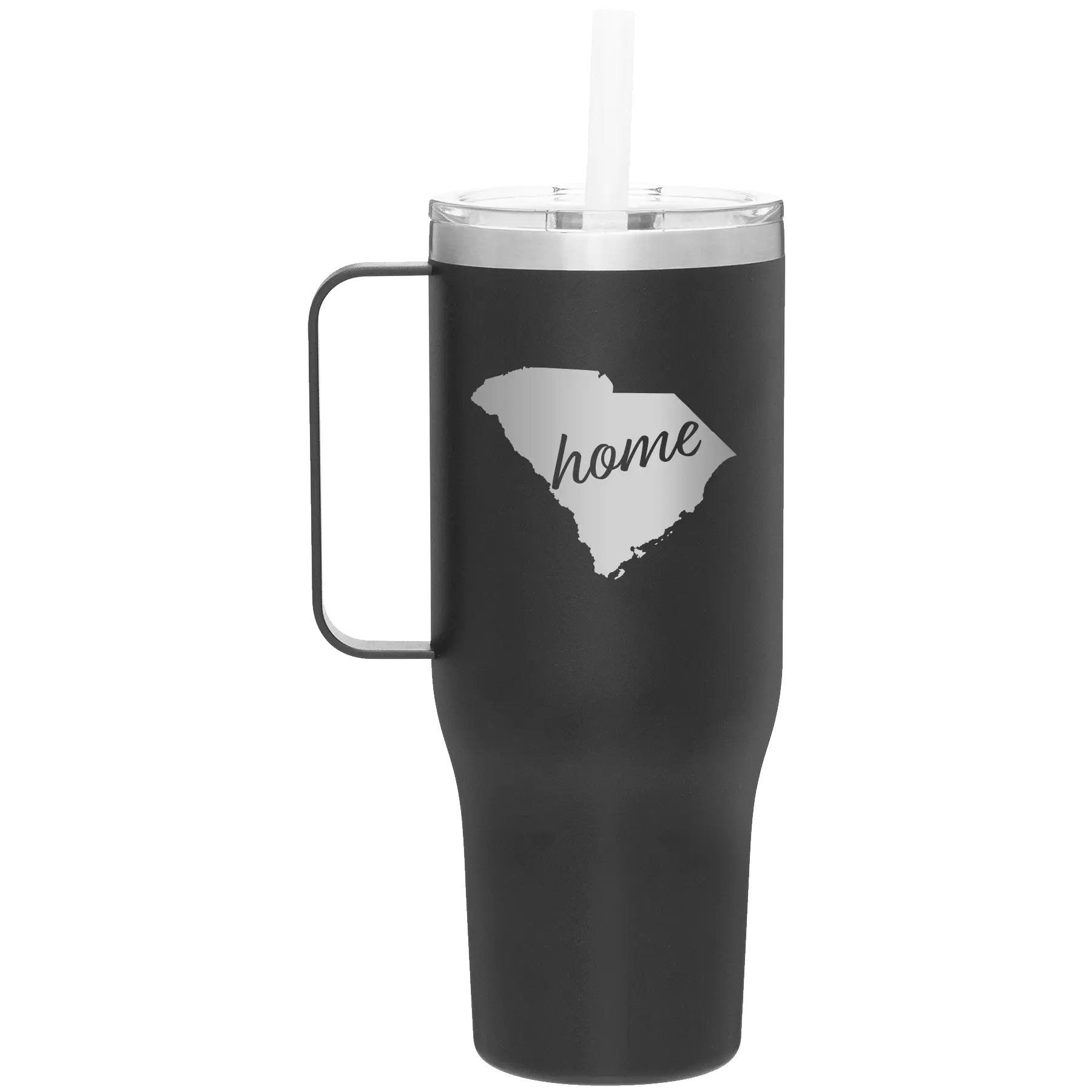 Laser etched black 40 oz vacuum insulated tumbler mug with 'South Carolina Home' design