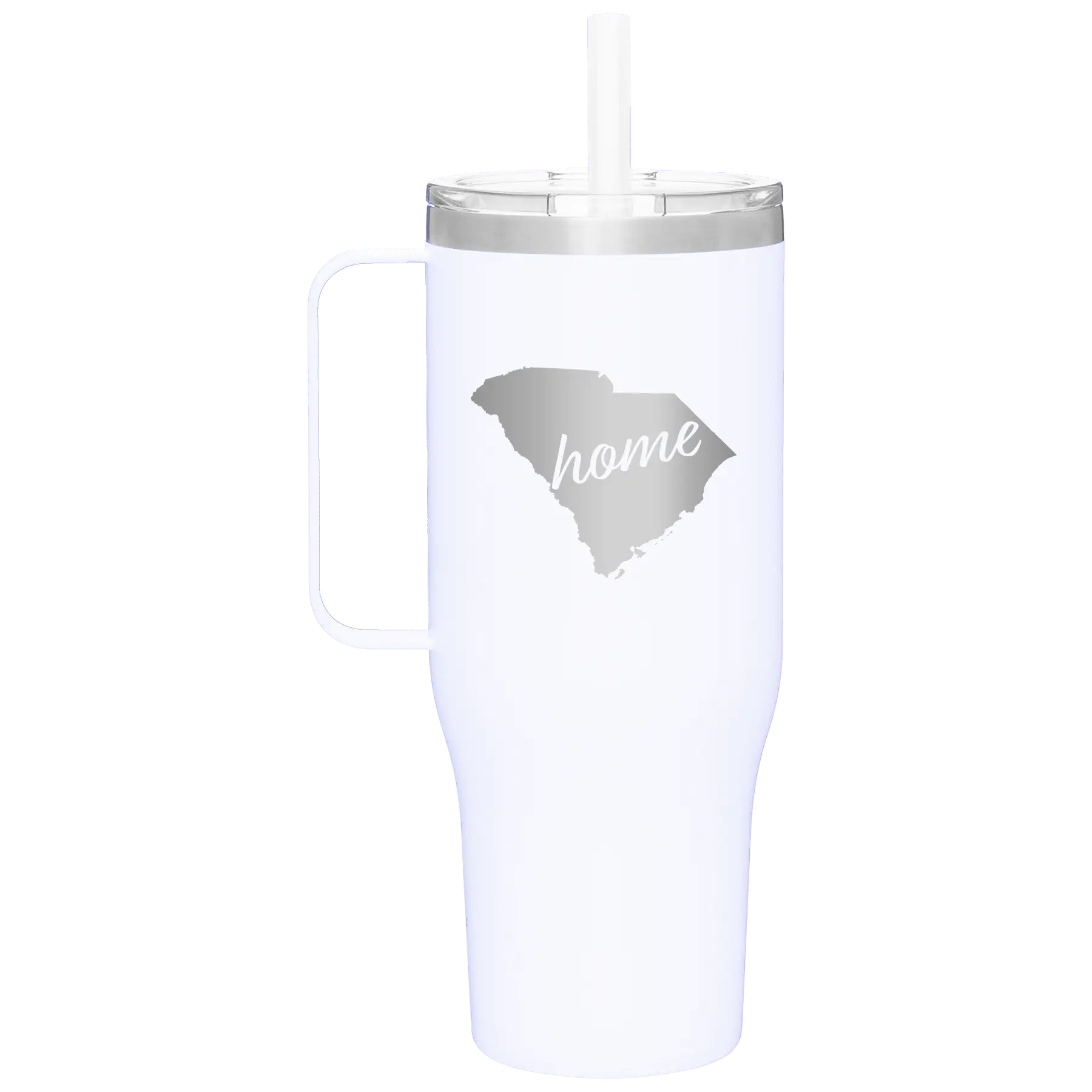 Laser etched white 40 oz vacuum insulated tumbler mug with 'South Carolina Home' design