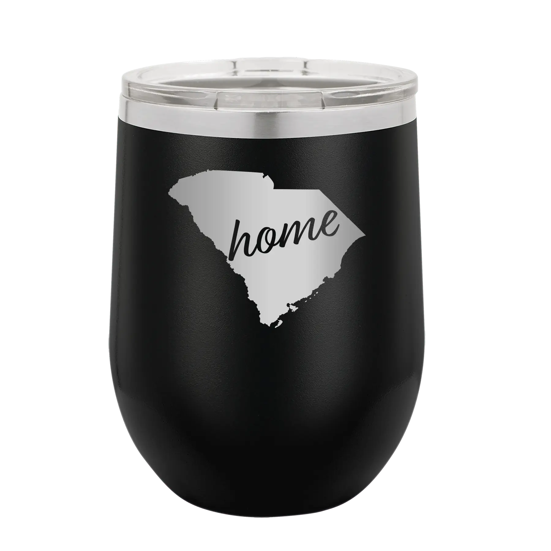 Laser etched black 12 oz vacuum insulated wine cup with 'South Carolina Home' design