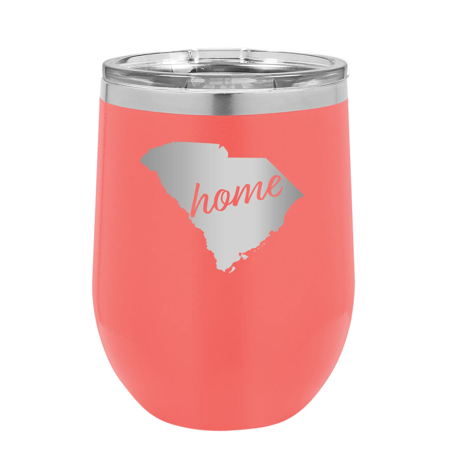Laser etched coral 12 oz vacuum insulated wine cup with 'South Carolina Home' design