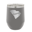 Laser etched dark gray 12 oz vacuum insulated wine cup with 'South Carolina Home' design