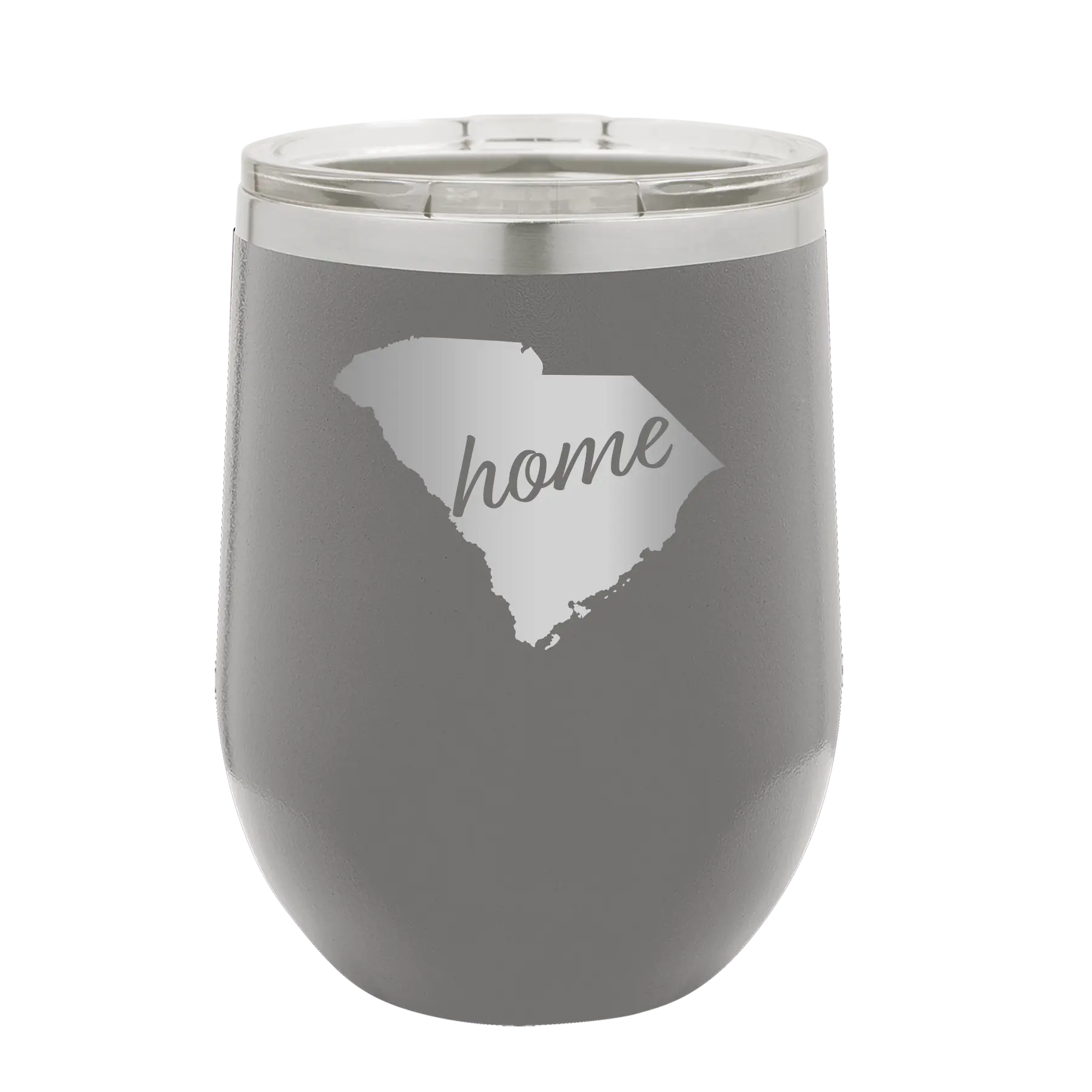 Laser etched dark gray 12 oz vacuum insulated wine cup with 'South Carolina Home' design