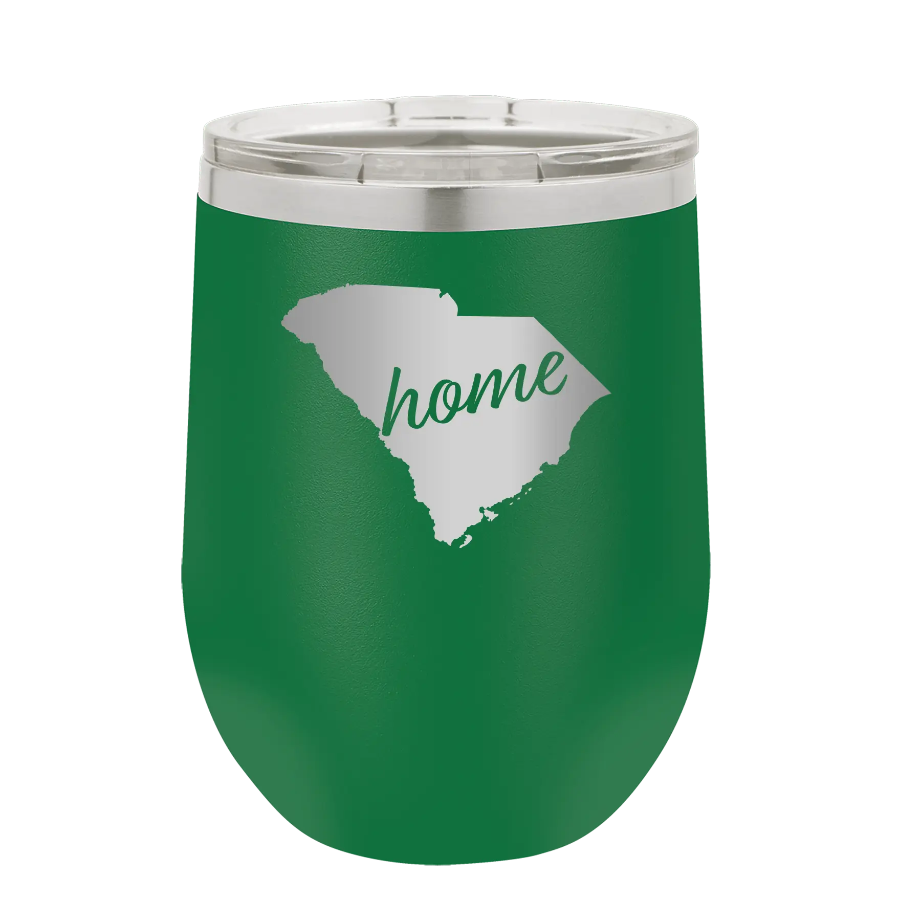 Laser etched green 12 oz vacuum insulated wine cup with 'South Carolina Home' design