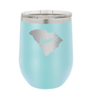 Laser etched light blue 12 oz vacuum insulated wine cup with 'South Carolina Home' design