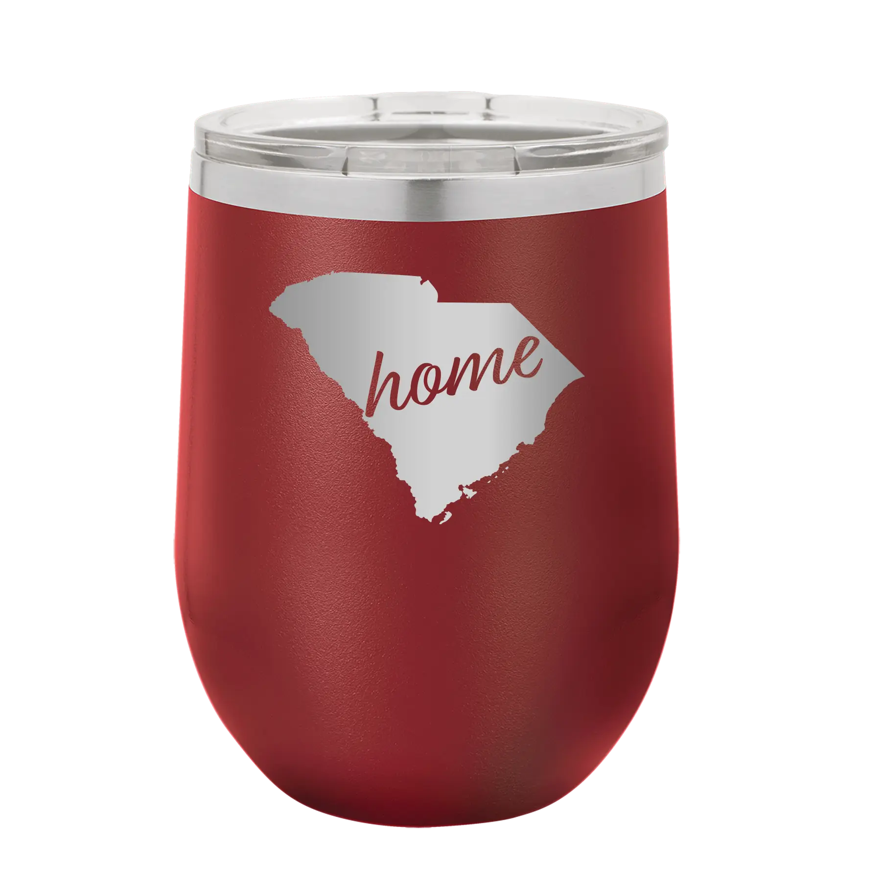 Laser etched maroon 12 oz vacuum insulated wine cup with 'South Carolina Home' design