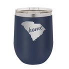 Laser etched navy 12 oz vacuum insulated wine cup with 'South Carolina Home' design
