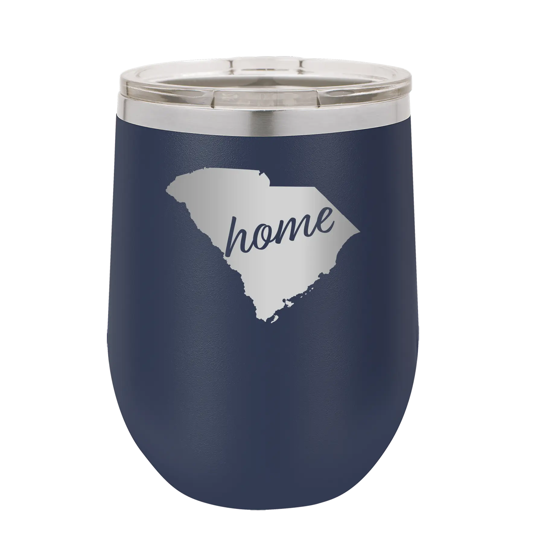 Laser etched navy 12 oz vacuum insulated wine cup with 'South Carolina Home' design