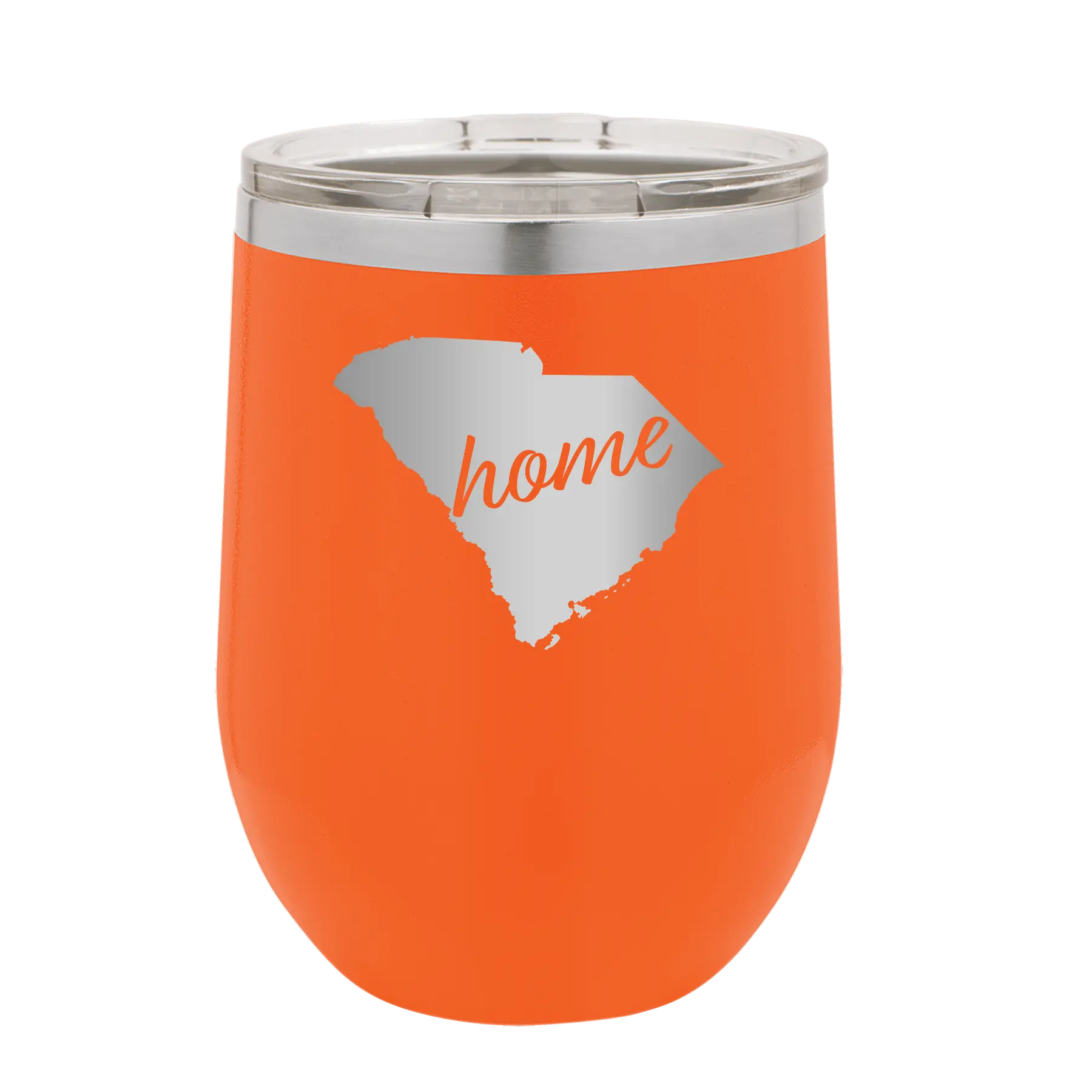 Laser etched orange 12 oz vacuum insulated wine cup with 'South Carolina Home' design