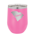 Laser etched pink 12 oz vacuum insulated wine cup with 'South Carolina Home' design