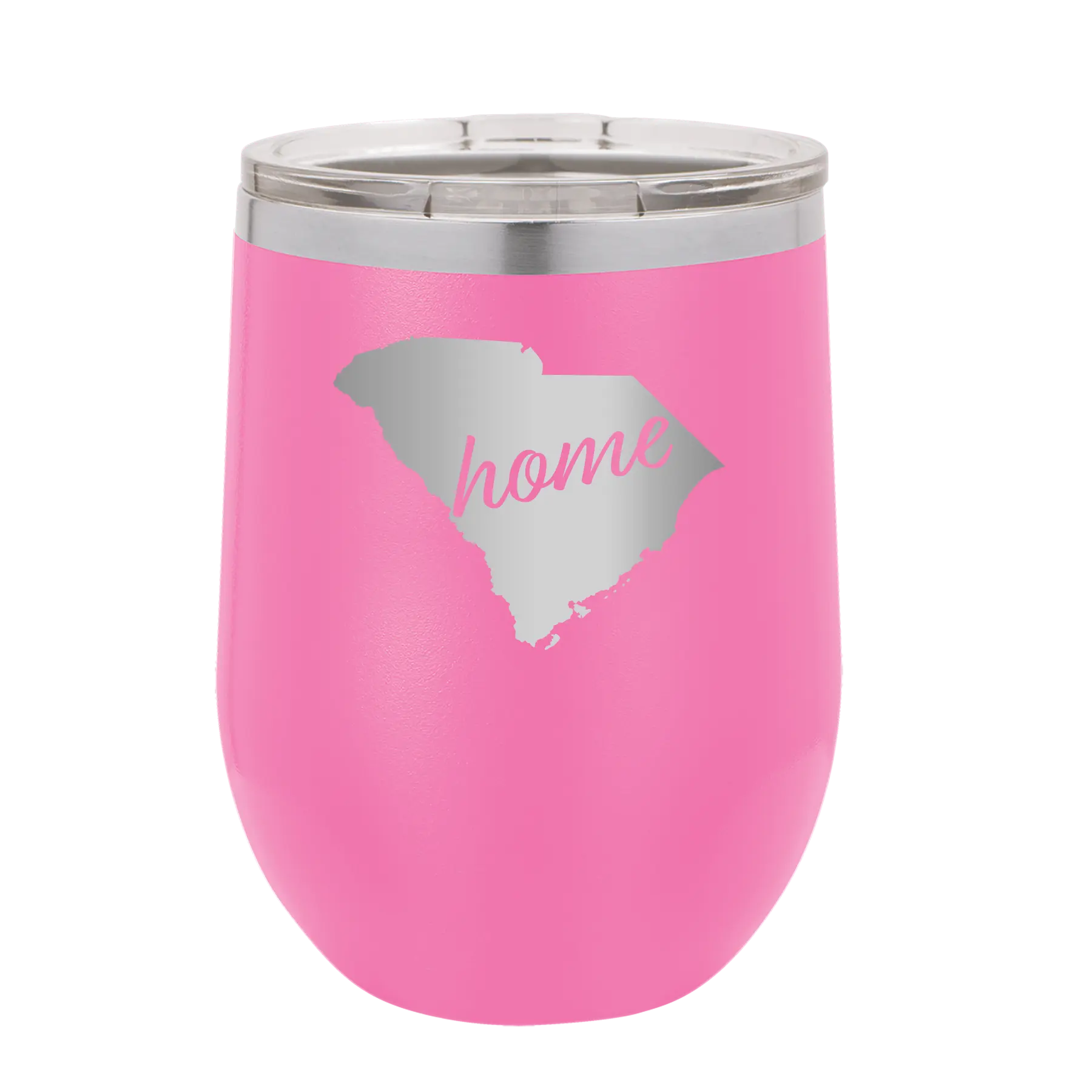 Laser etched pink 12 oz vacuum insulated wine cup with 'South Carolina Home' design