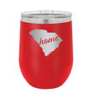 Laser etched red 12 oz vacuum insulated wine cup with 'South Carolina Home' design